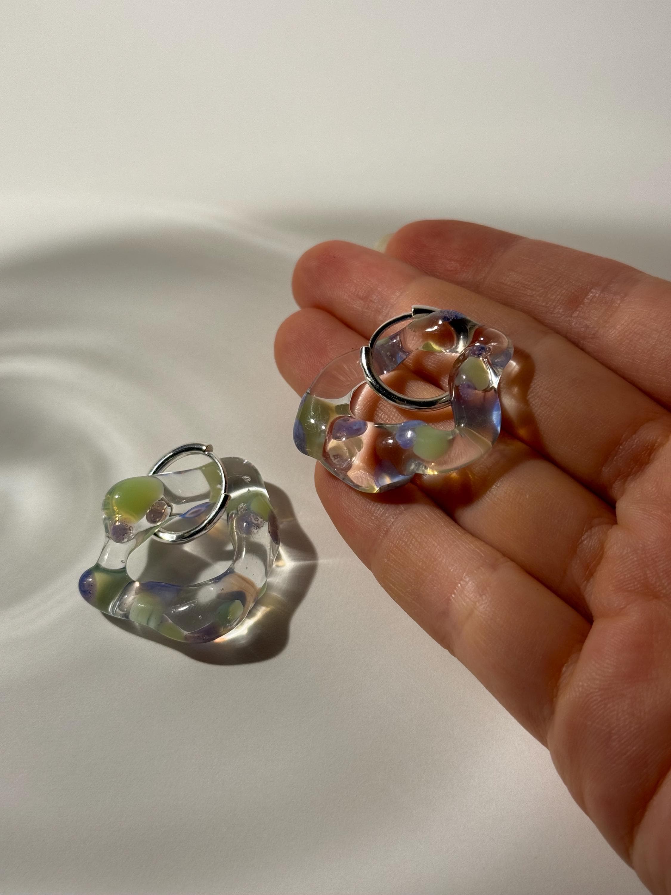 Dotted Green and Lilac Glass Hoop Earrings