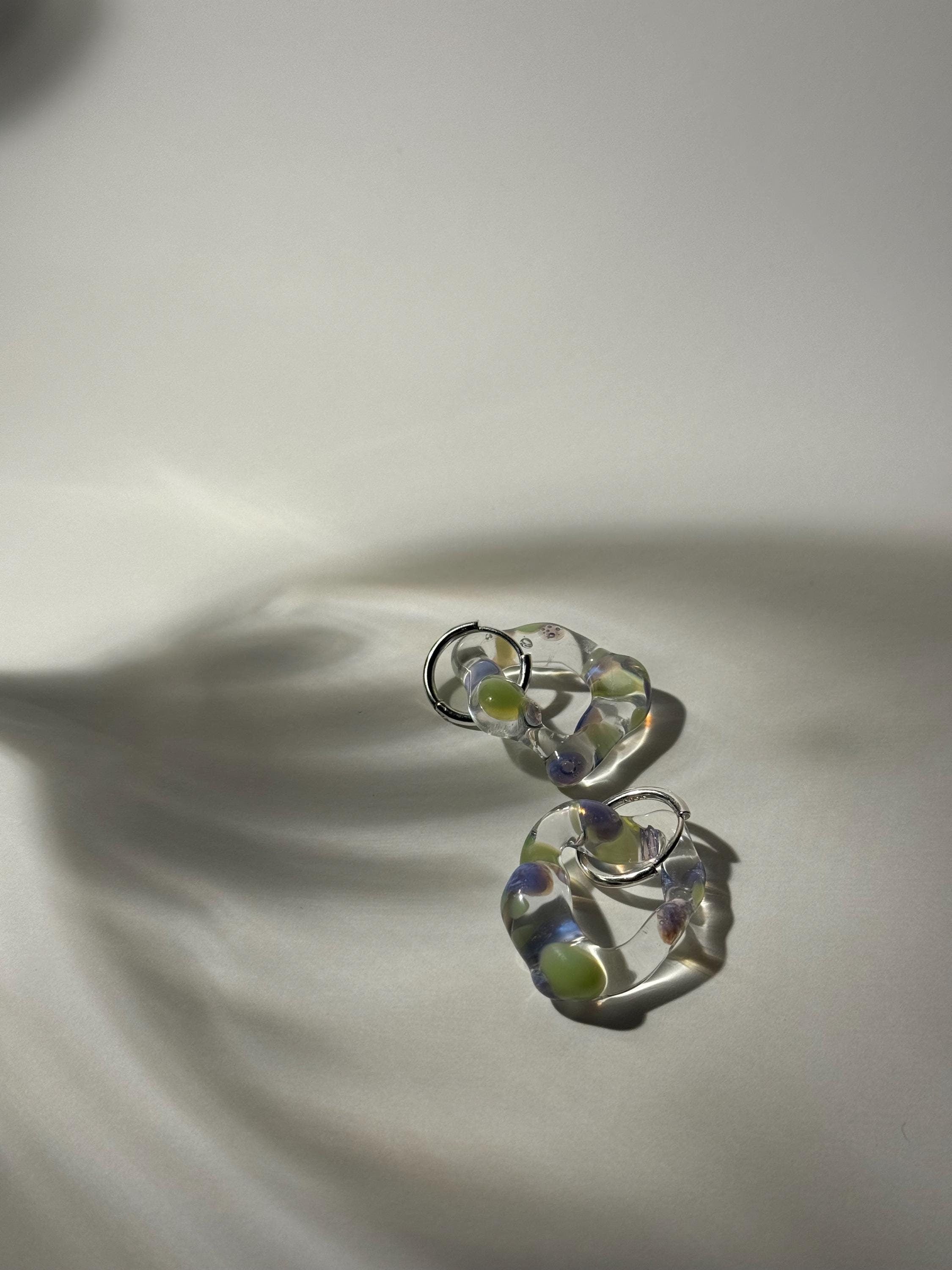 Dotted Green and Lilac Glass Hoop Earrings