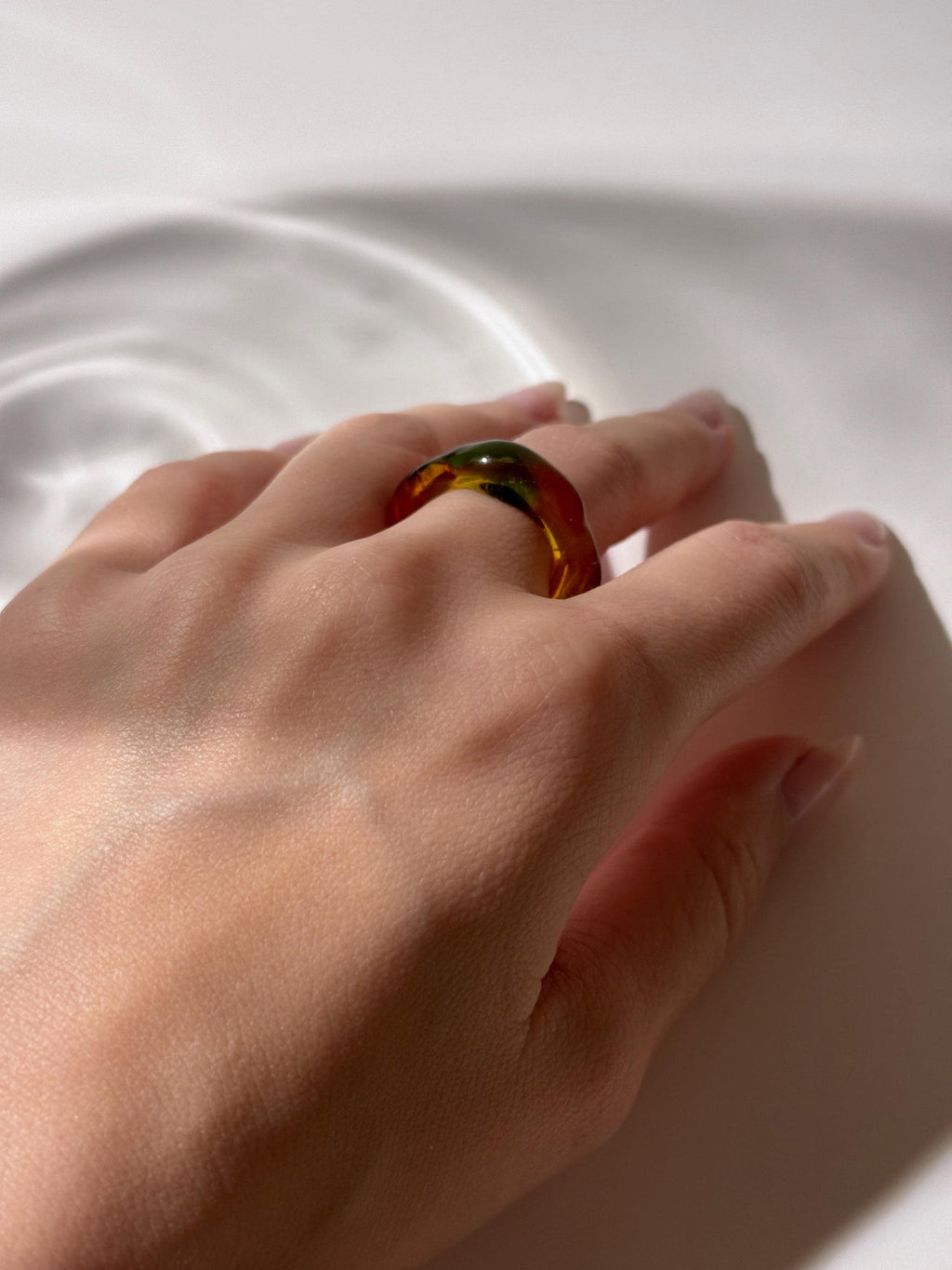 Autumn leaves inspired brown, green and yellow Glass Ring: Handmade Borosilicate Jewelry
