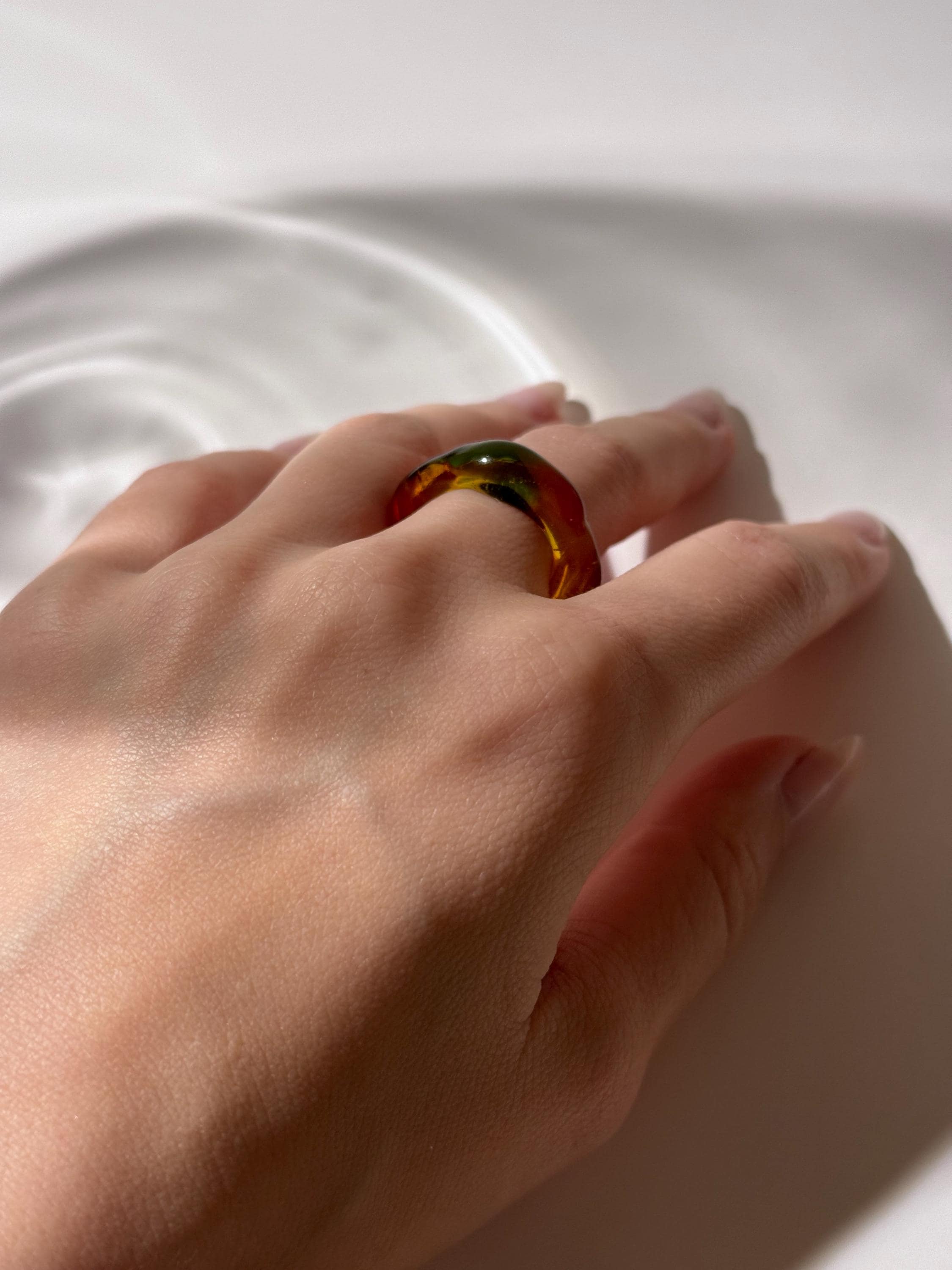 Autumn leaves inspired brown, green and yellow Glass Ring: Handmade Borosilicate Jewelry