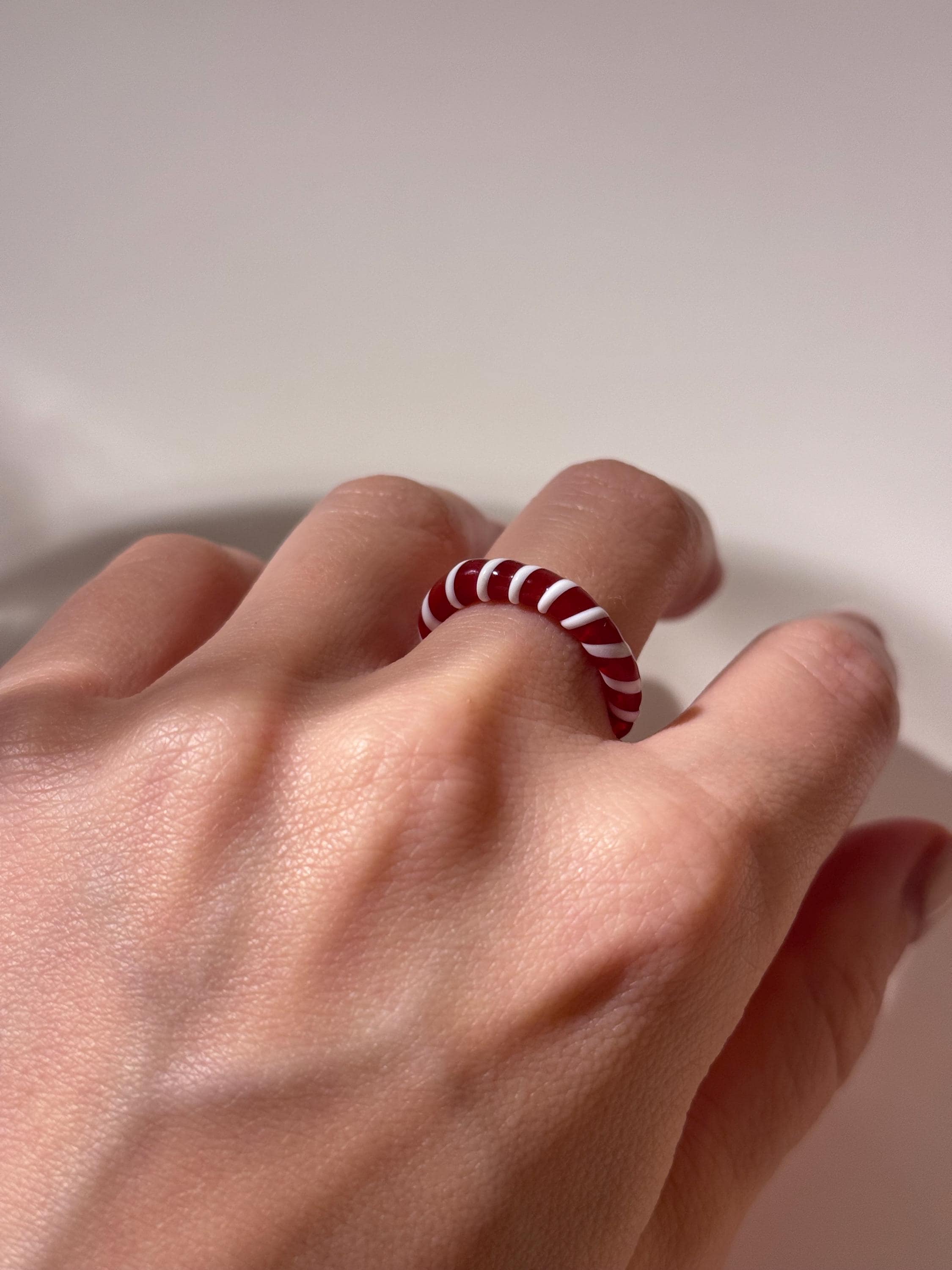 Candy Cane Glass Ring: Red and White Borosilicate Jewelry