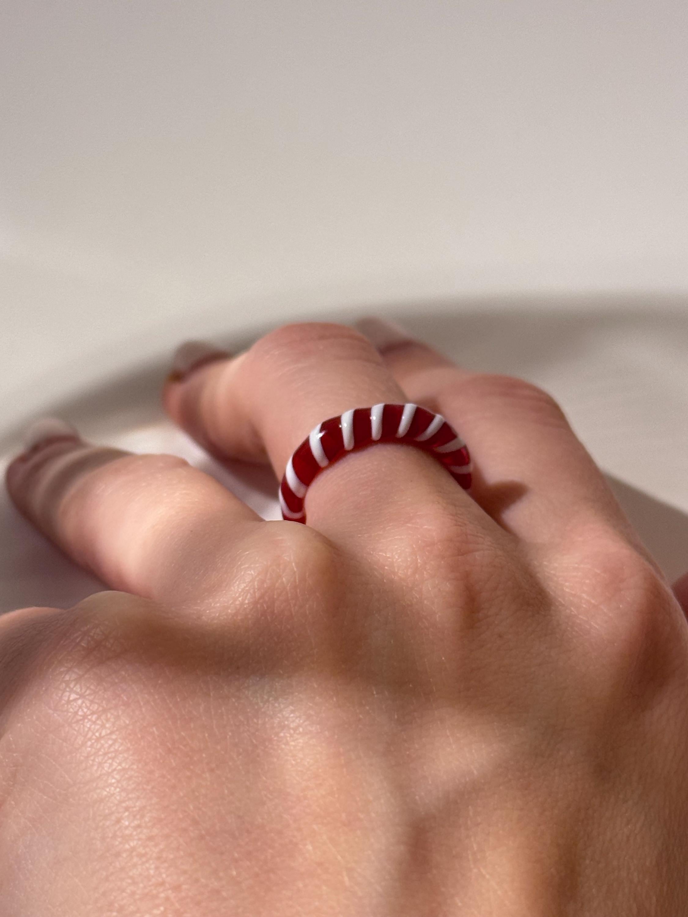 Candy Cane Glass Ring: Red and White Borosilicate Jewelry