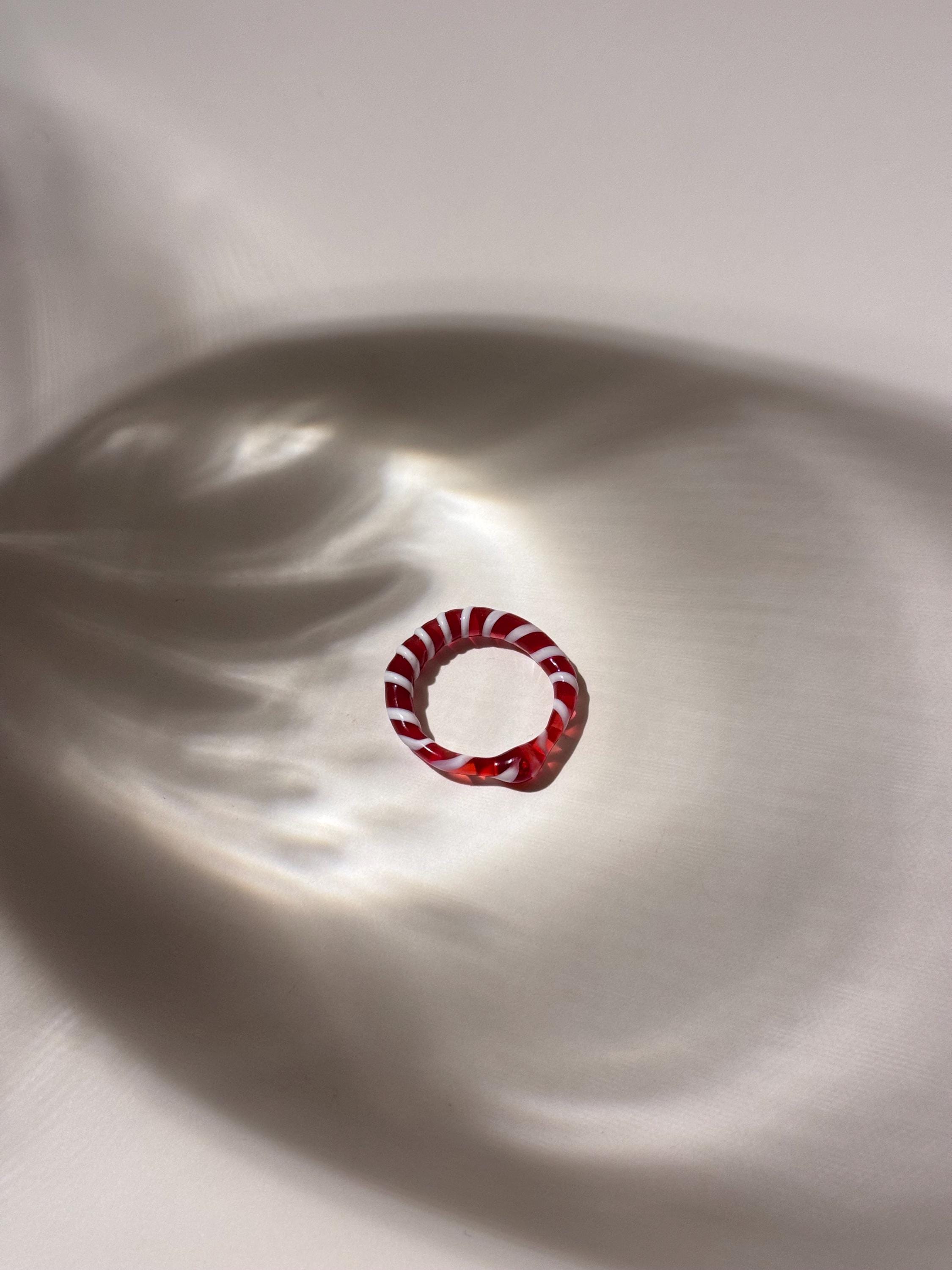 Candy Cane Glass Ring: Red and White Borosilicate Jewelry