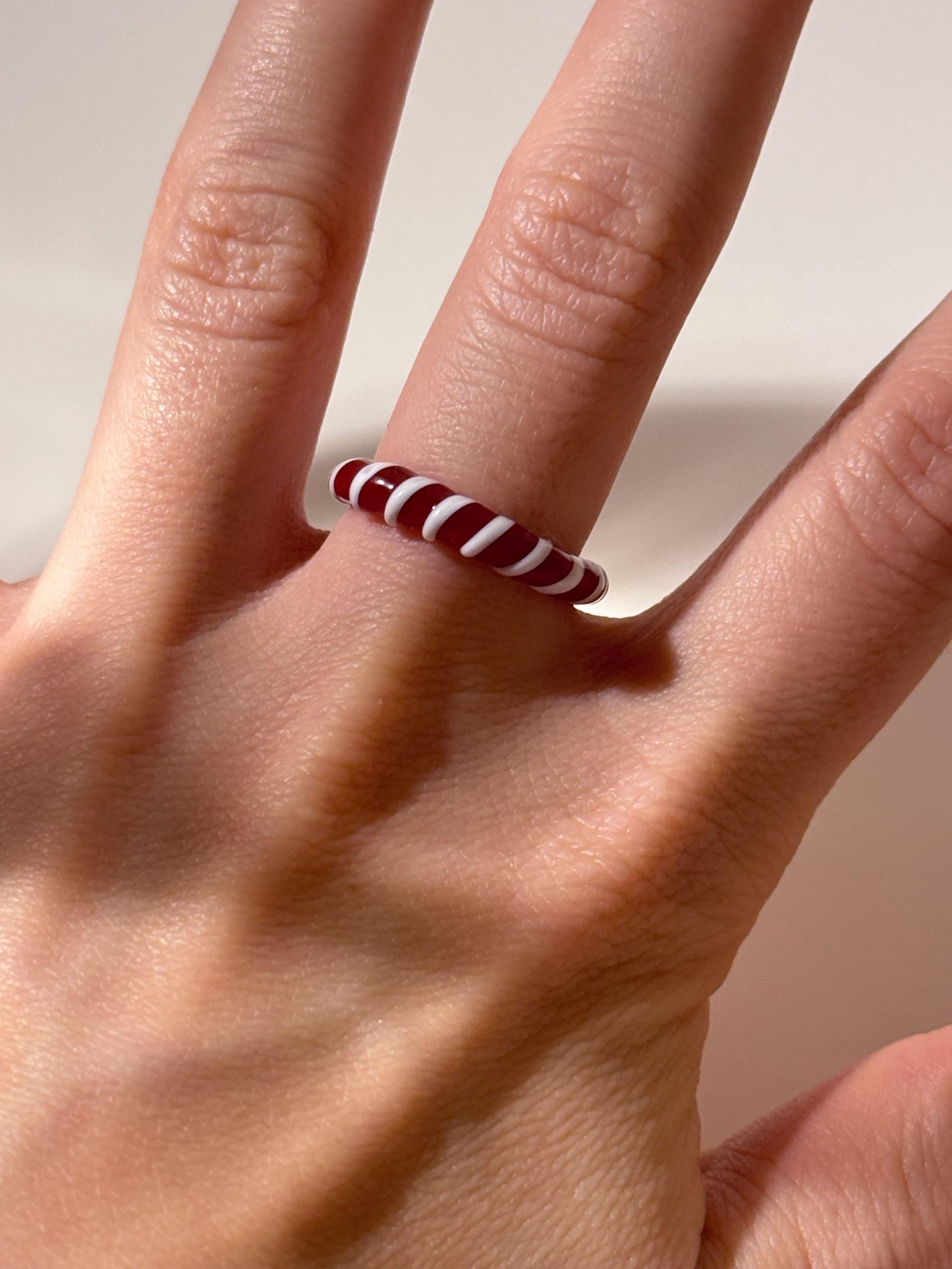 Candy Cane Glass Ring: Red and White Borosilicate Jewelry