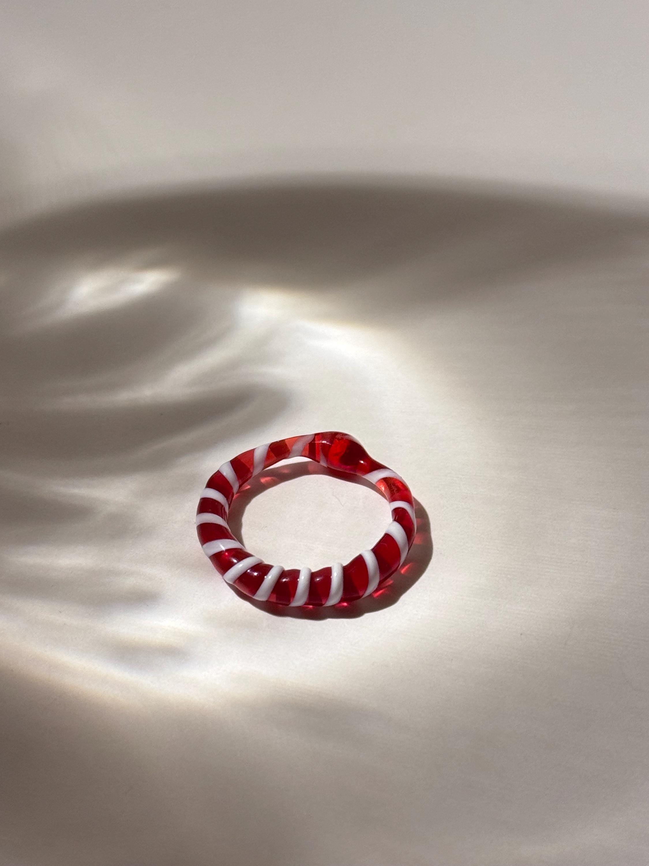 Candy Cane Glass Ring: Red and White Borosilicate Jewelry