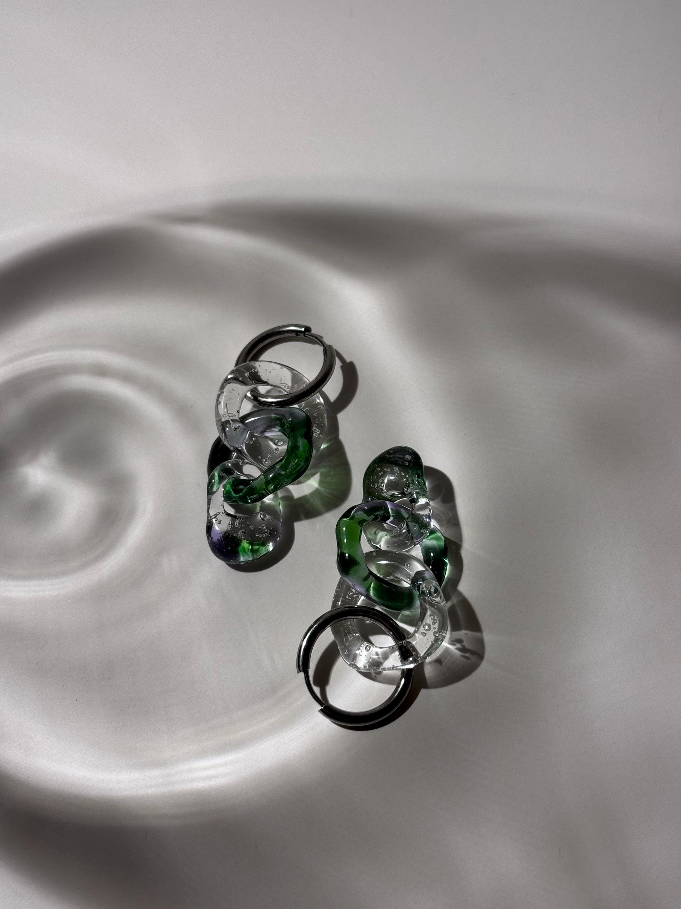 Handcrafted Chunky Purple & Green Glass Earrings