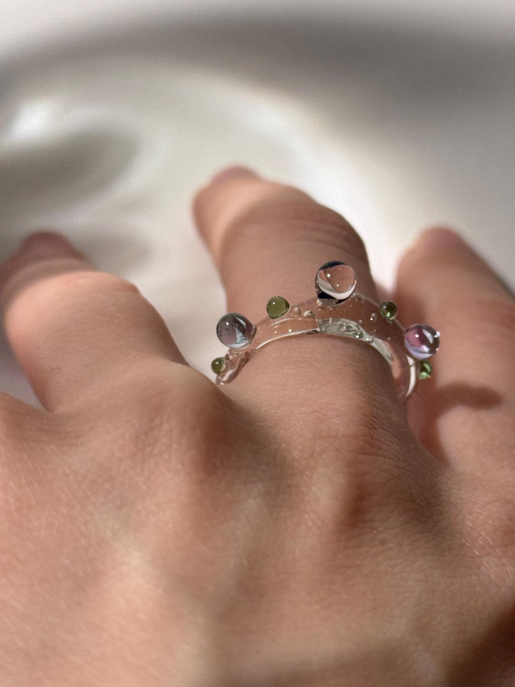 Handmade Green and Rose Pebble Glass Ring