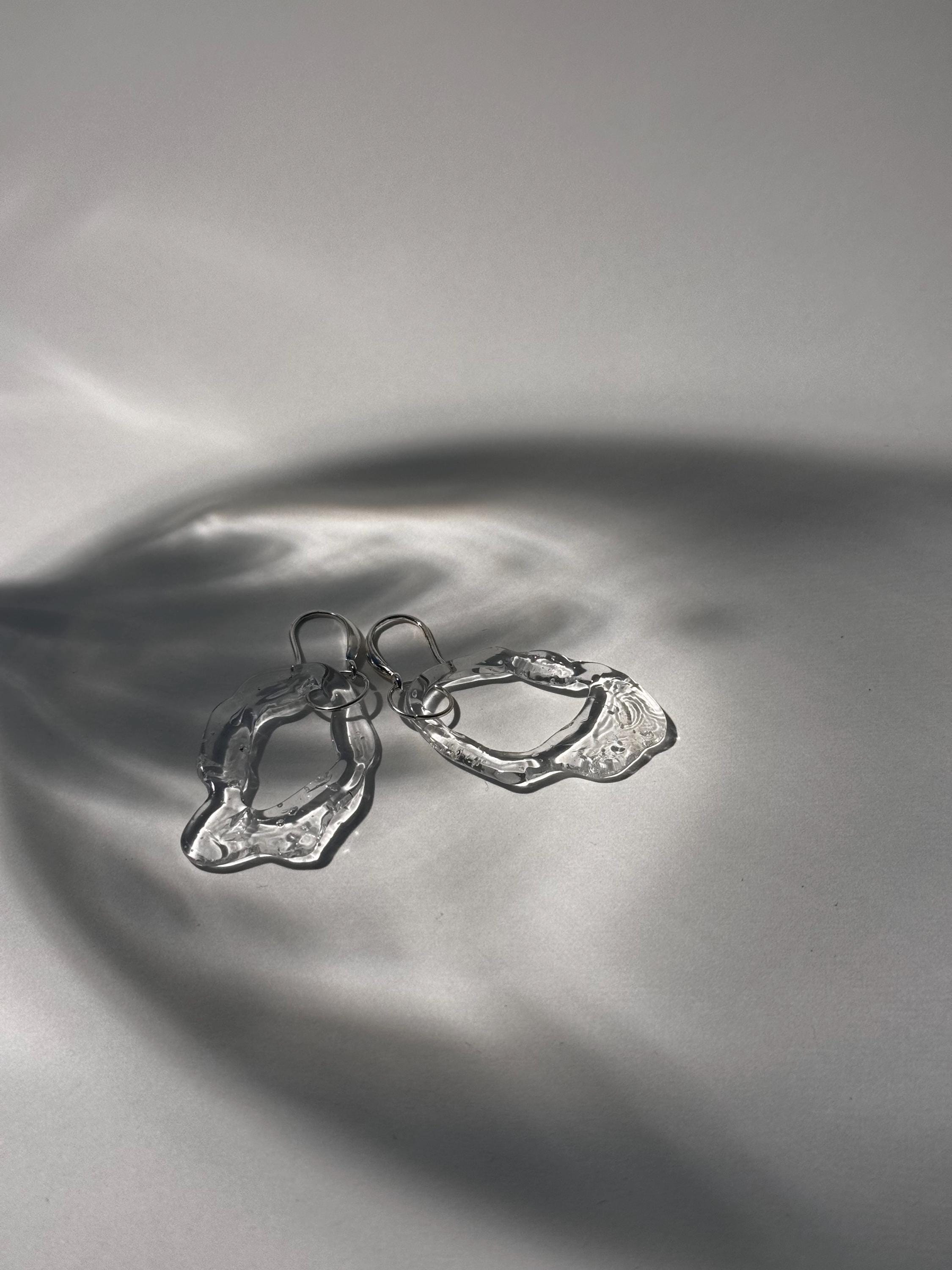 Borosilicate Glass Earrings: Handmade Sterling Silver, Frozen Water Design