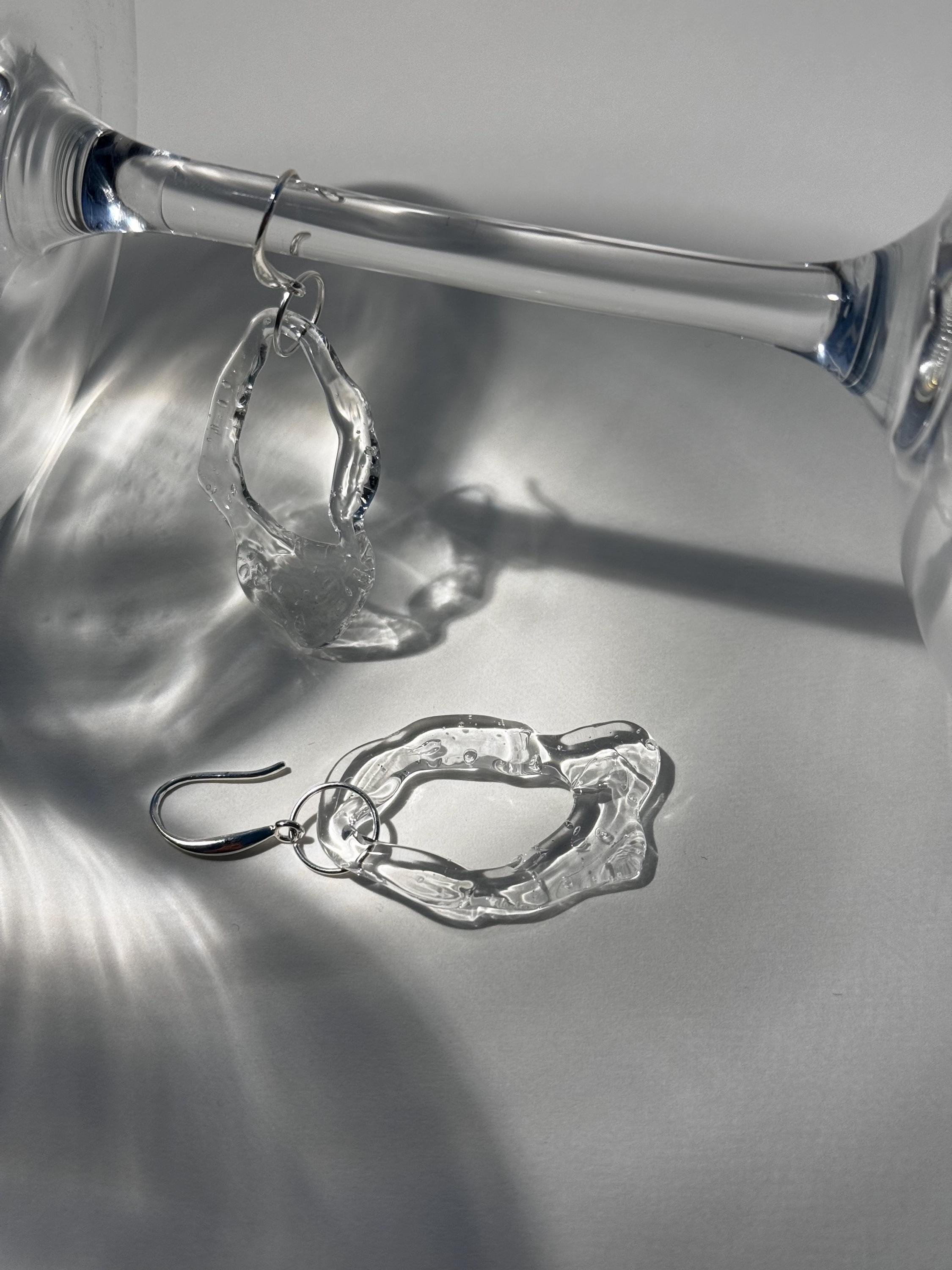 Borosilicate Glass Earrings: Handmade Sterling Silver, Frozen Water Design