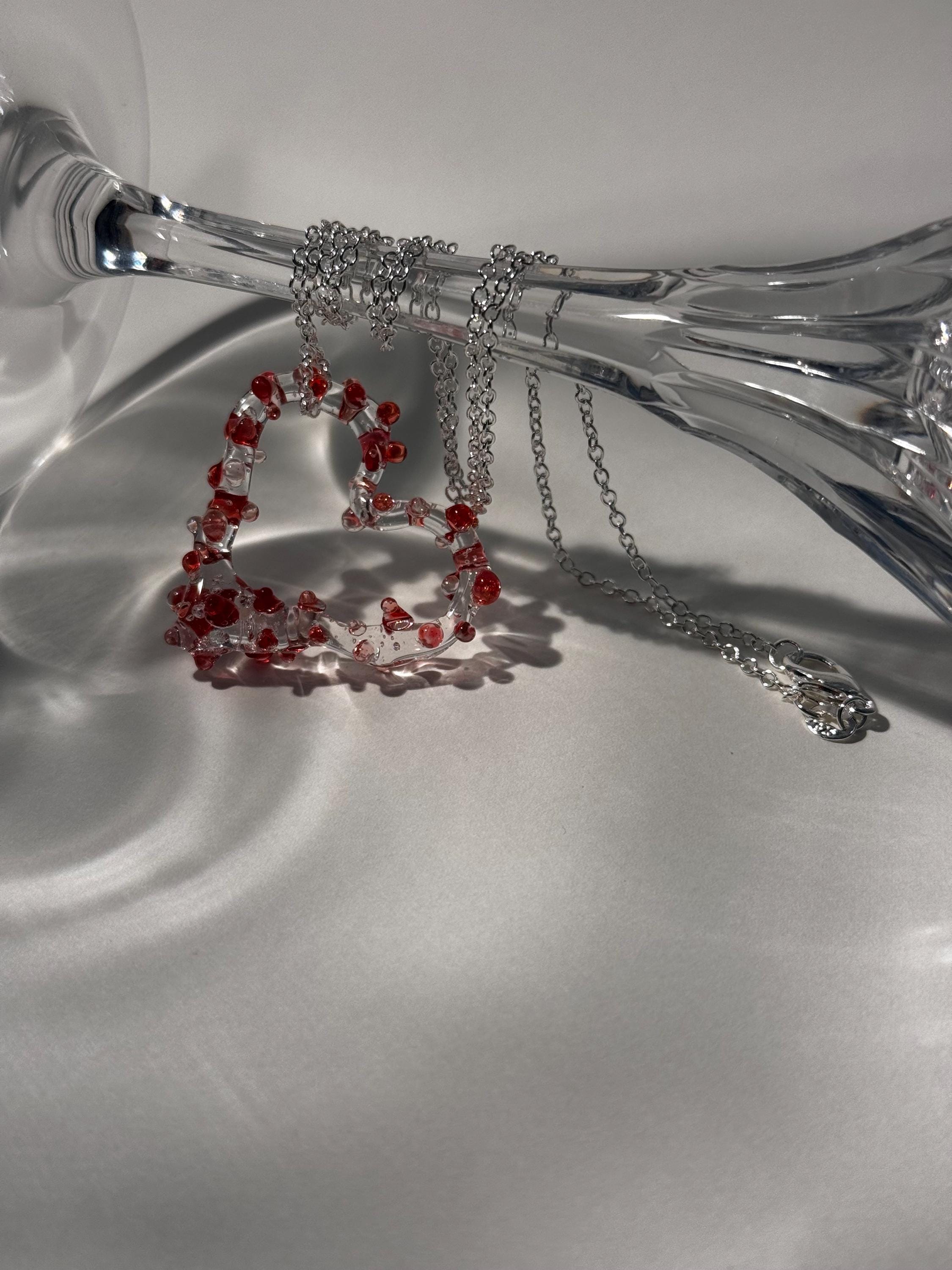 Handcrafted Prickly Red Glass Heart Necklace