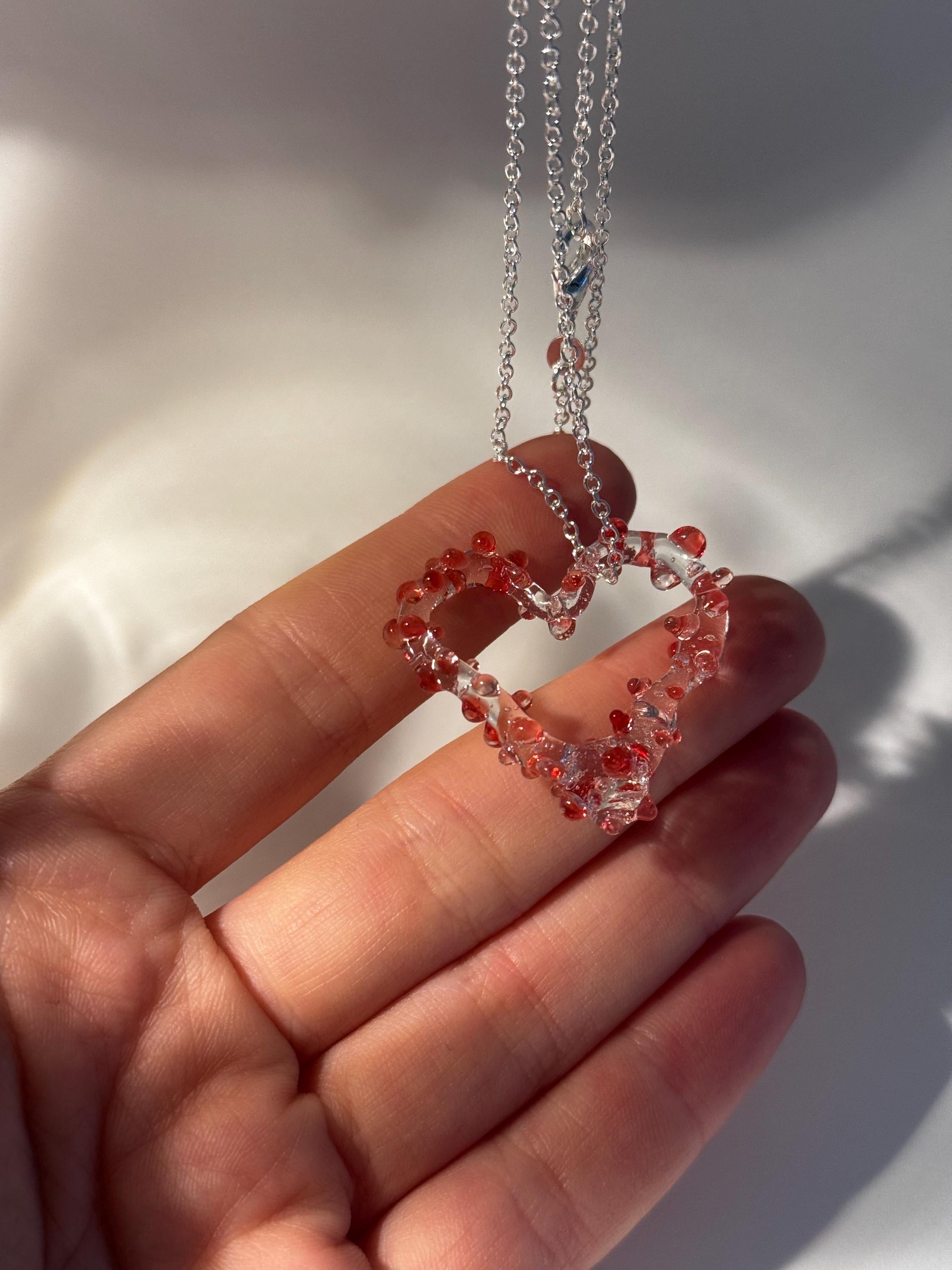 Handcrafted Prickly Red Glass Heart Necklace
