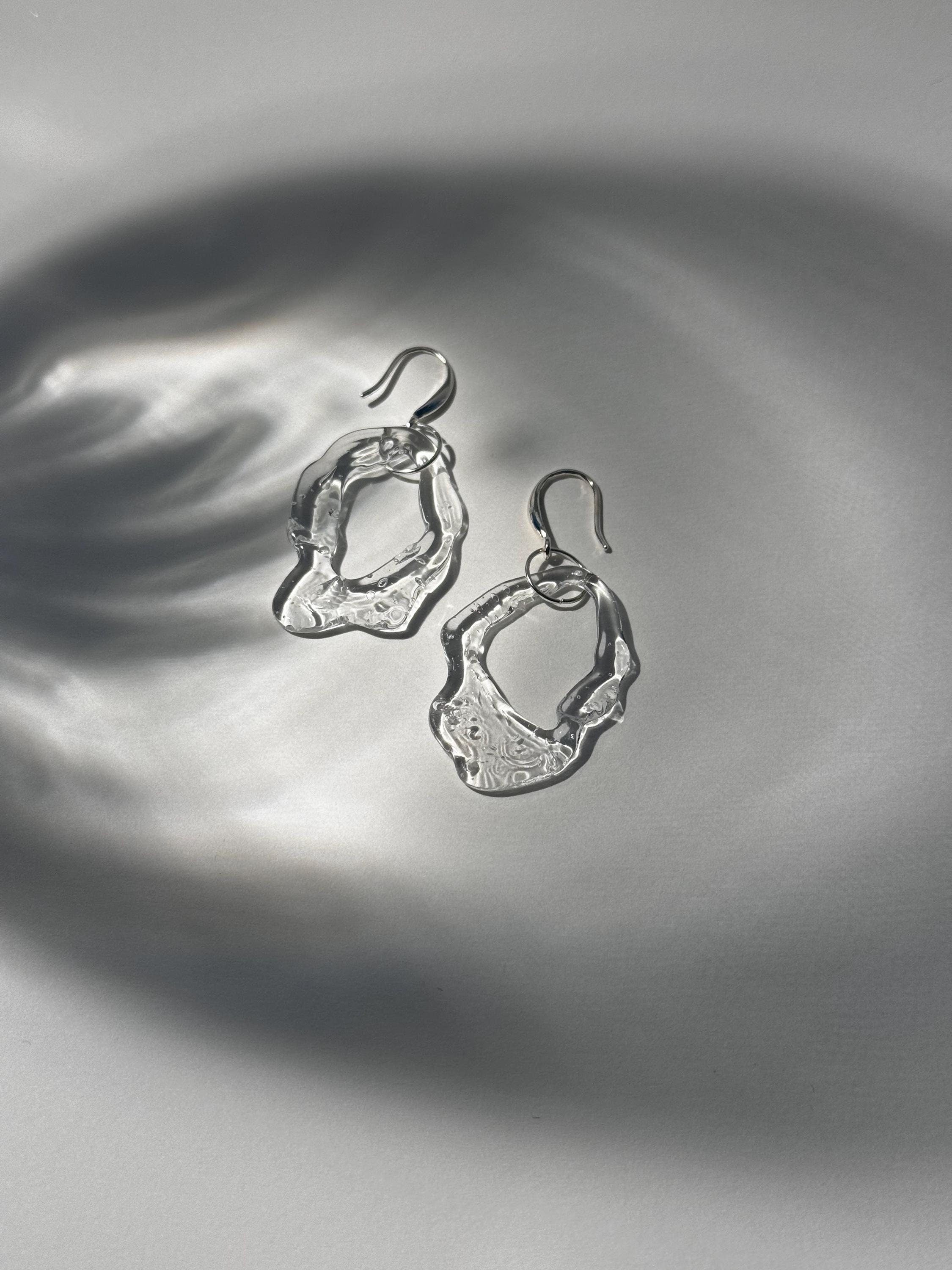 Borosilicate Glass Earrings: Handmade Sterling Silver, Frozen Water Design