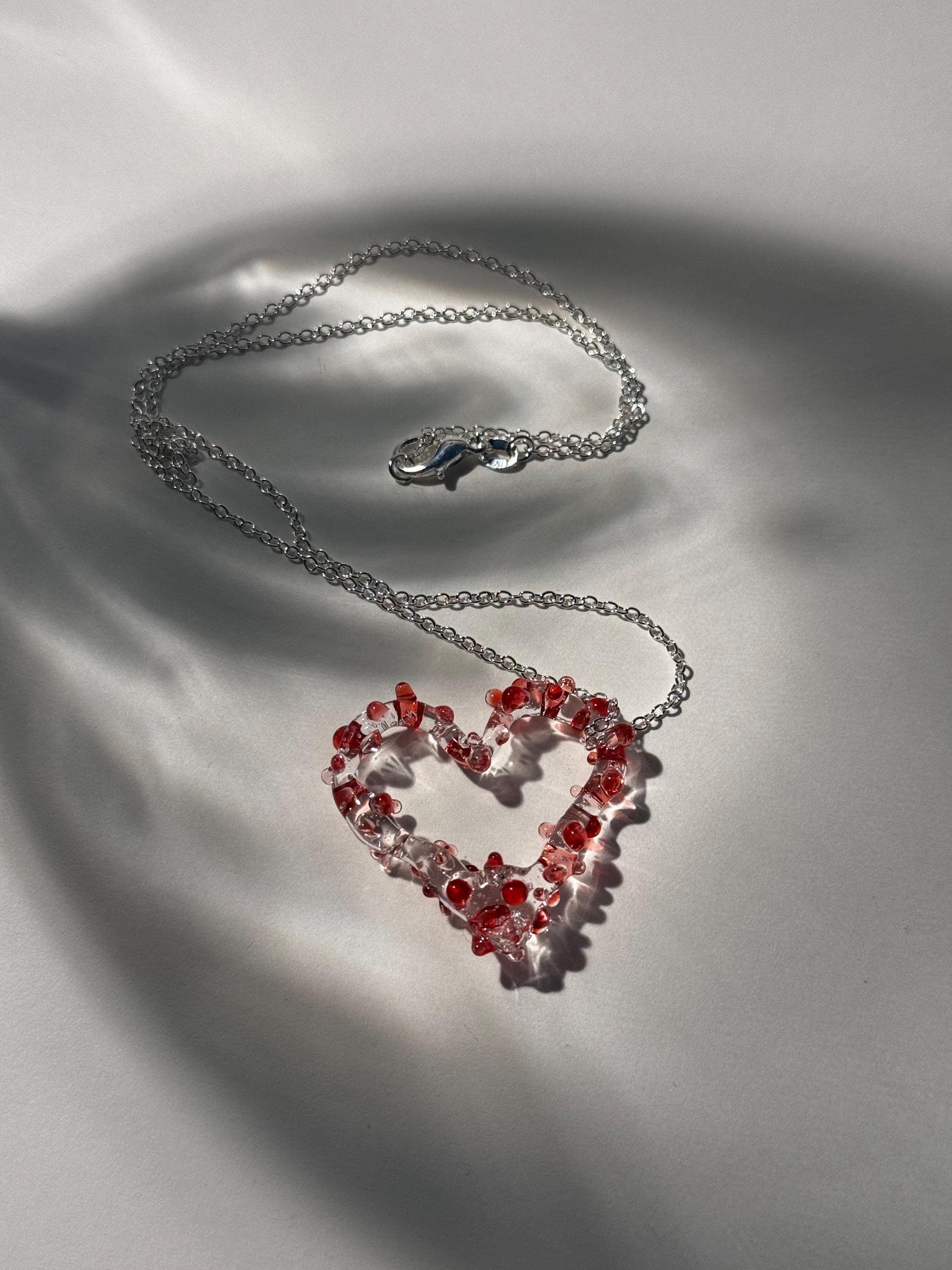Handcrafted Prickly Red Glass Heart Necklace