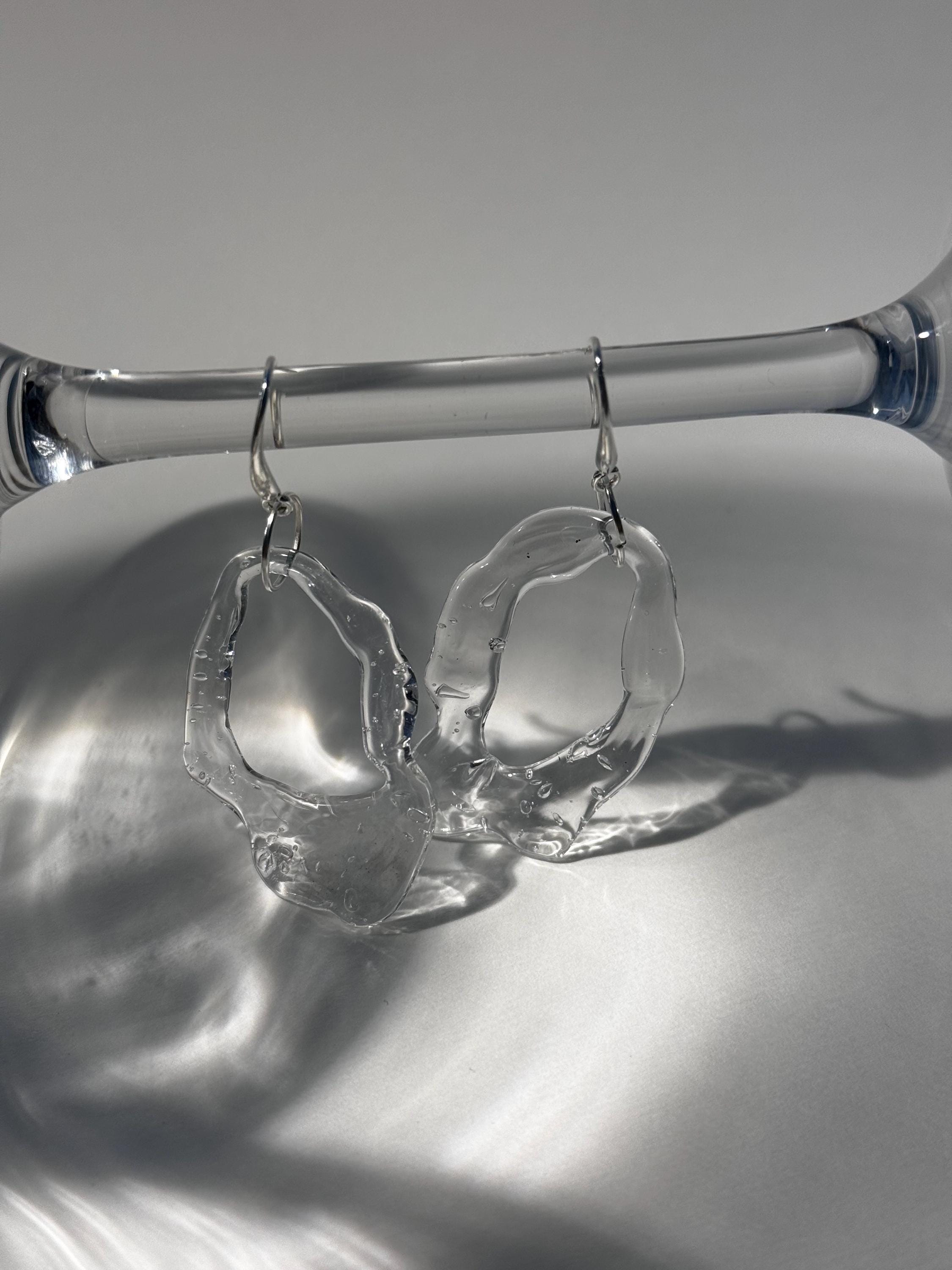 Borosilicate Glass Earrings: Handmade Sterling Silver, Frozen Water Design