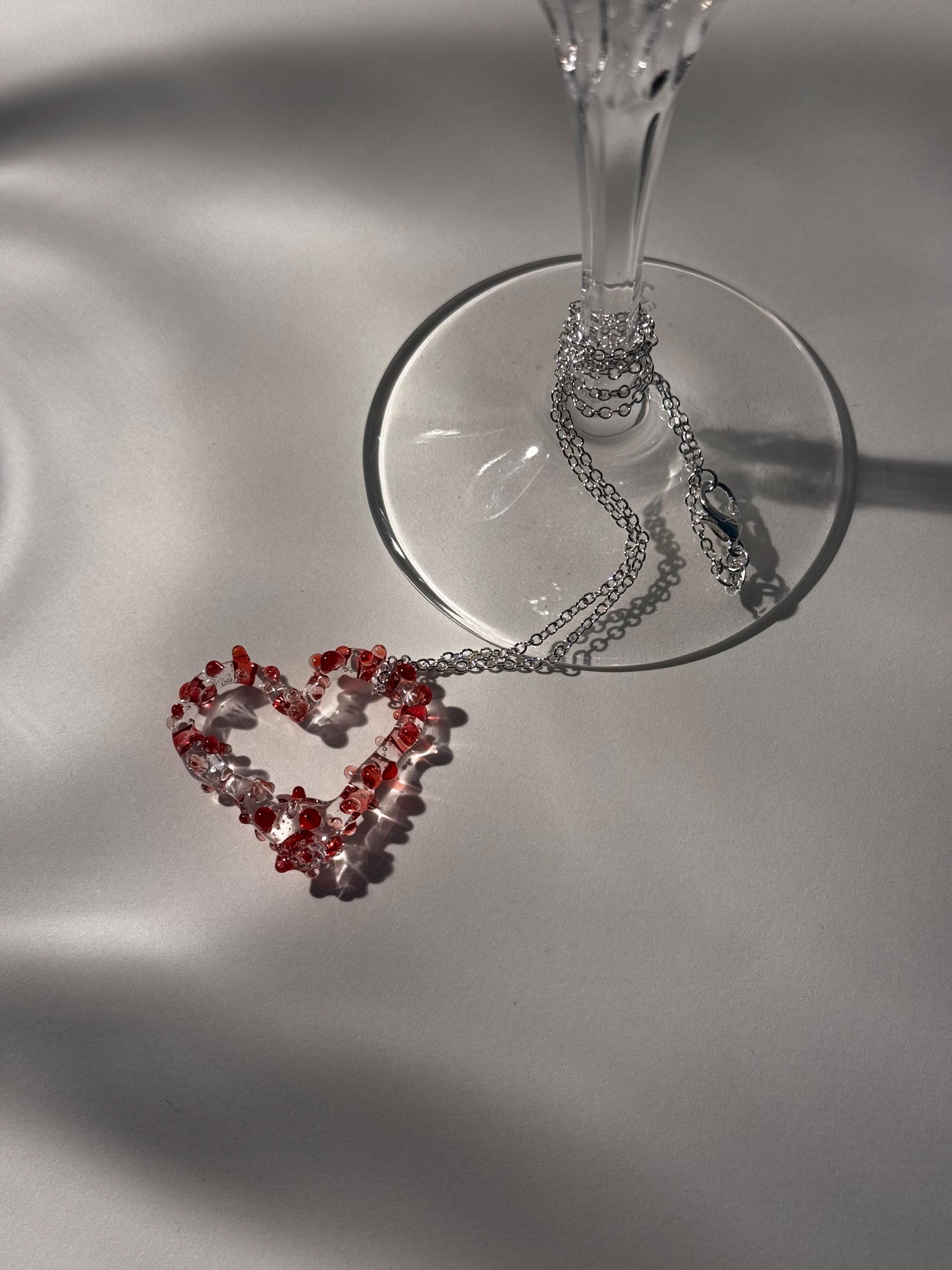 Handcrafted Prickly Red Glass Heart Necklace
