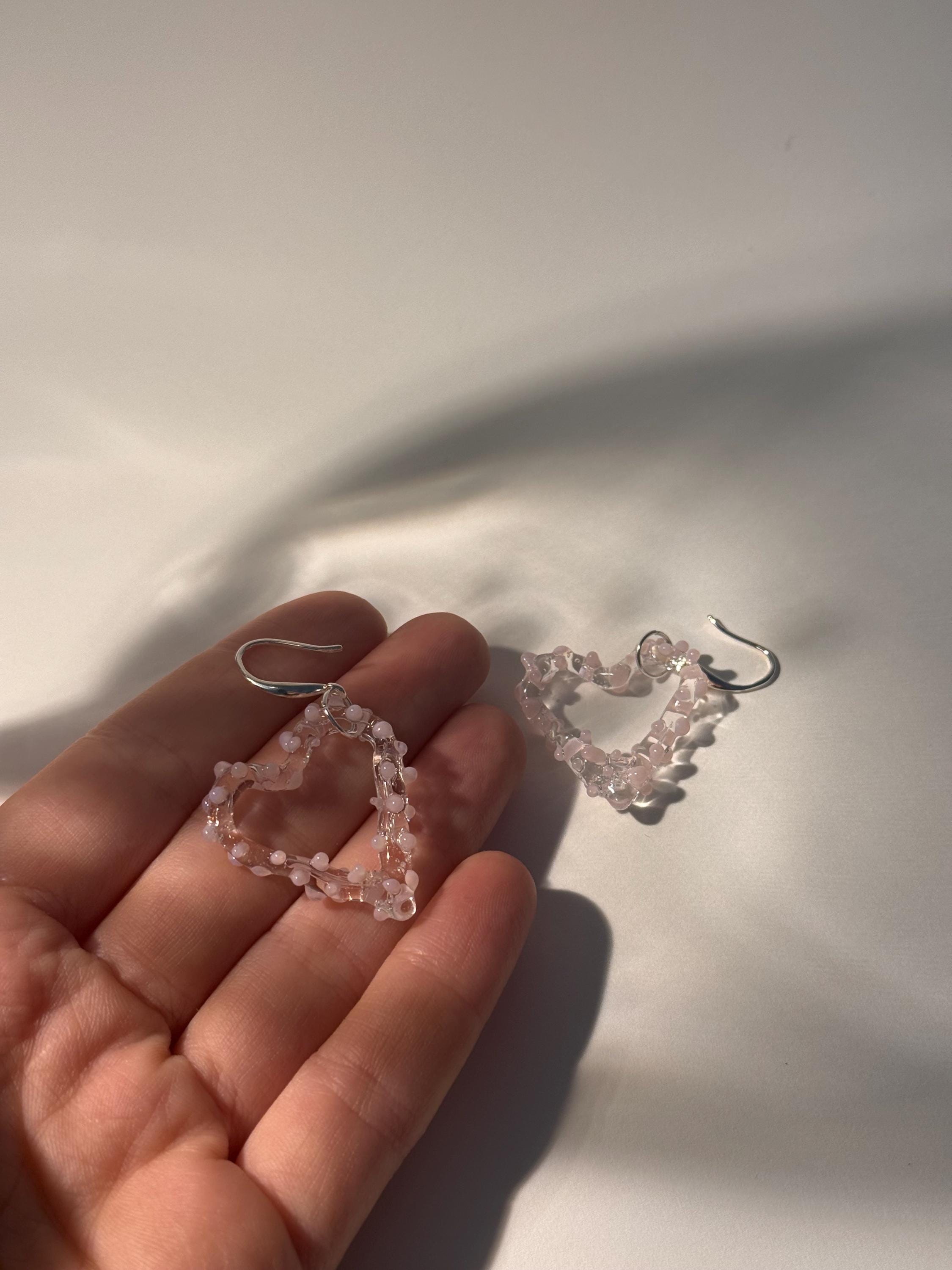 Handmade Pink Glass Heart Earrings