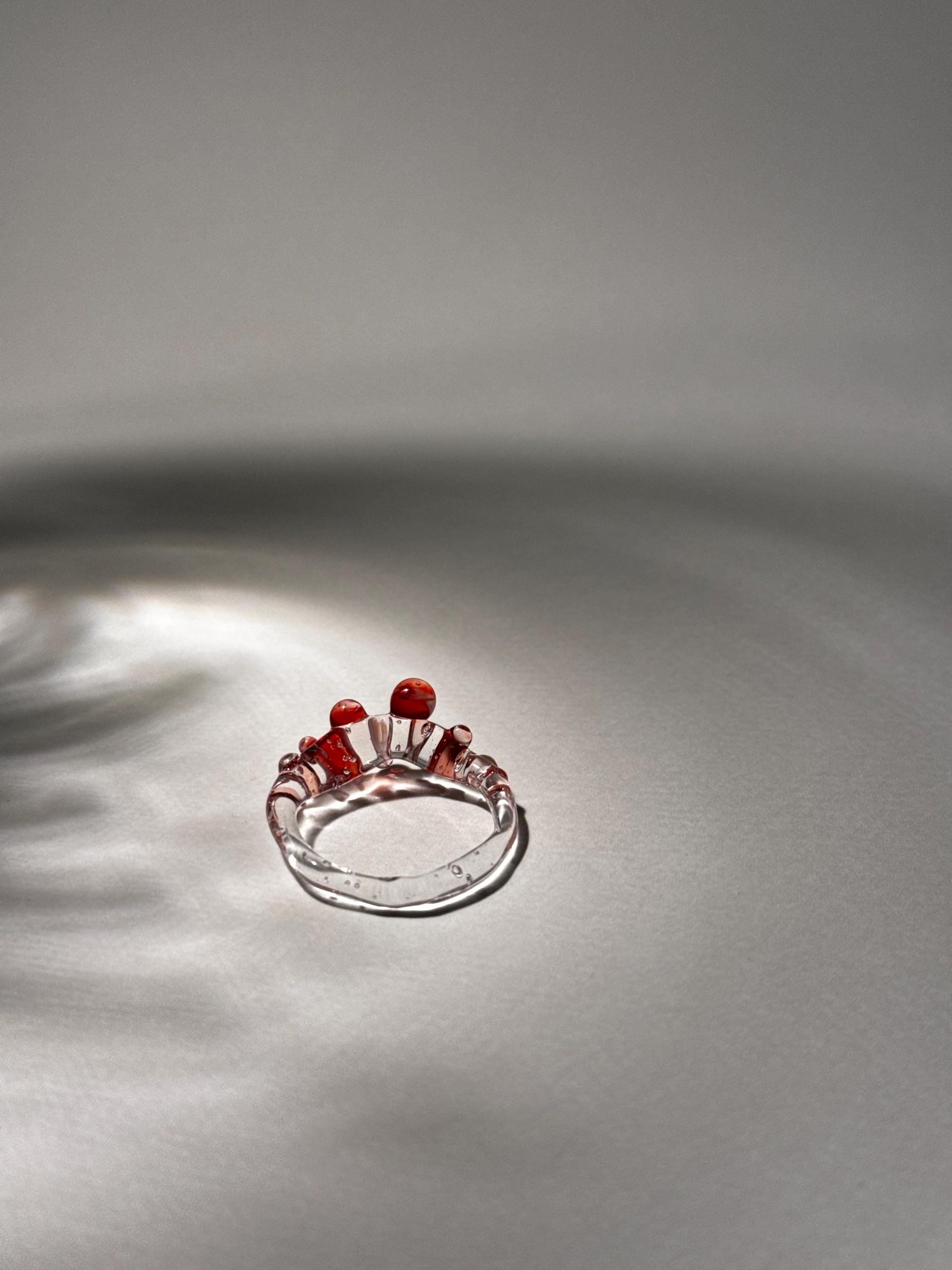 Handmade Red and White Dotted Borosilicate Glass Ring