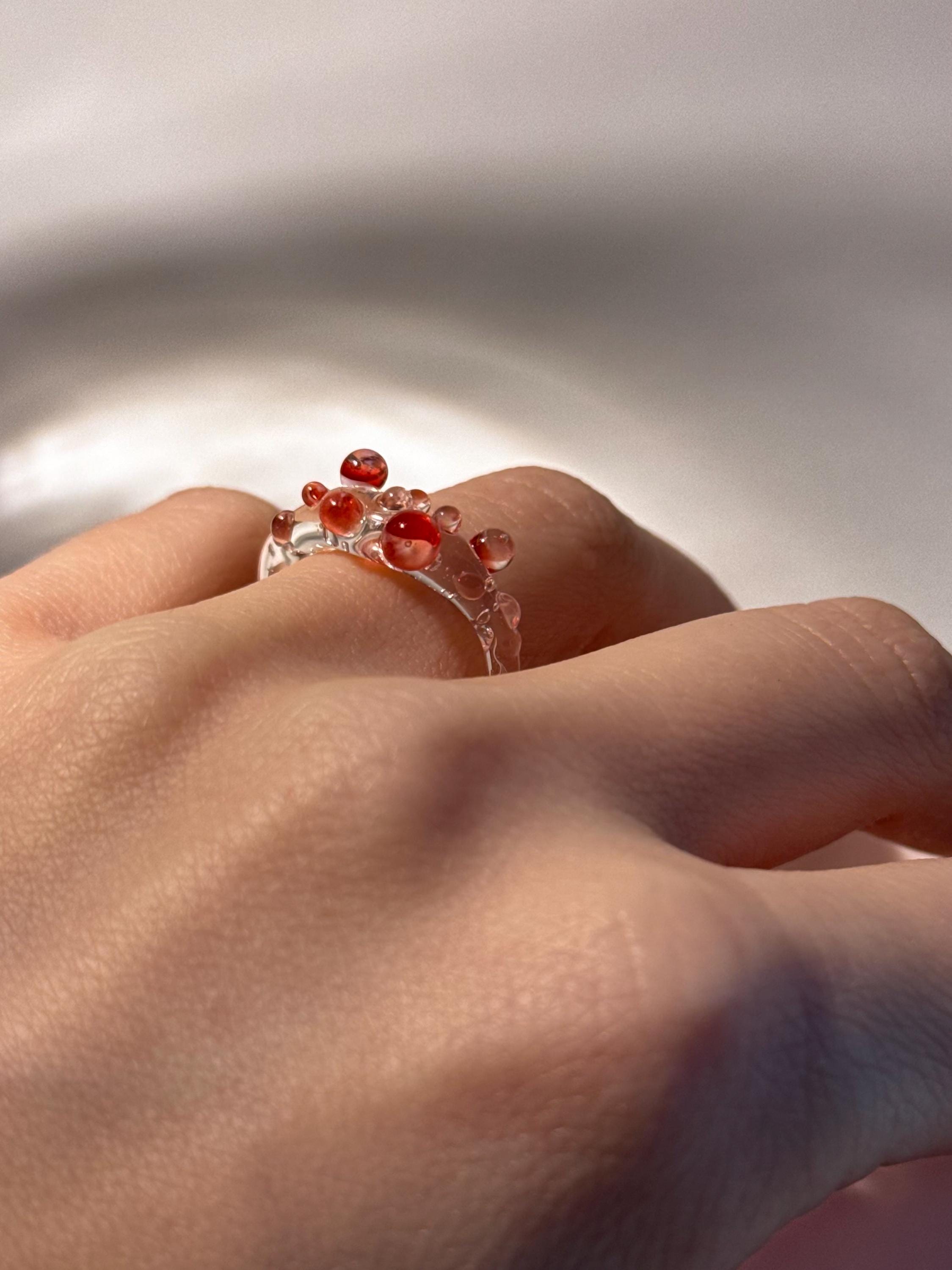 Handmade Red and White Dotted Borosilicate Glass Ring