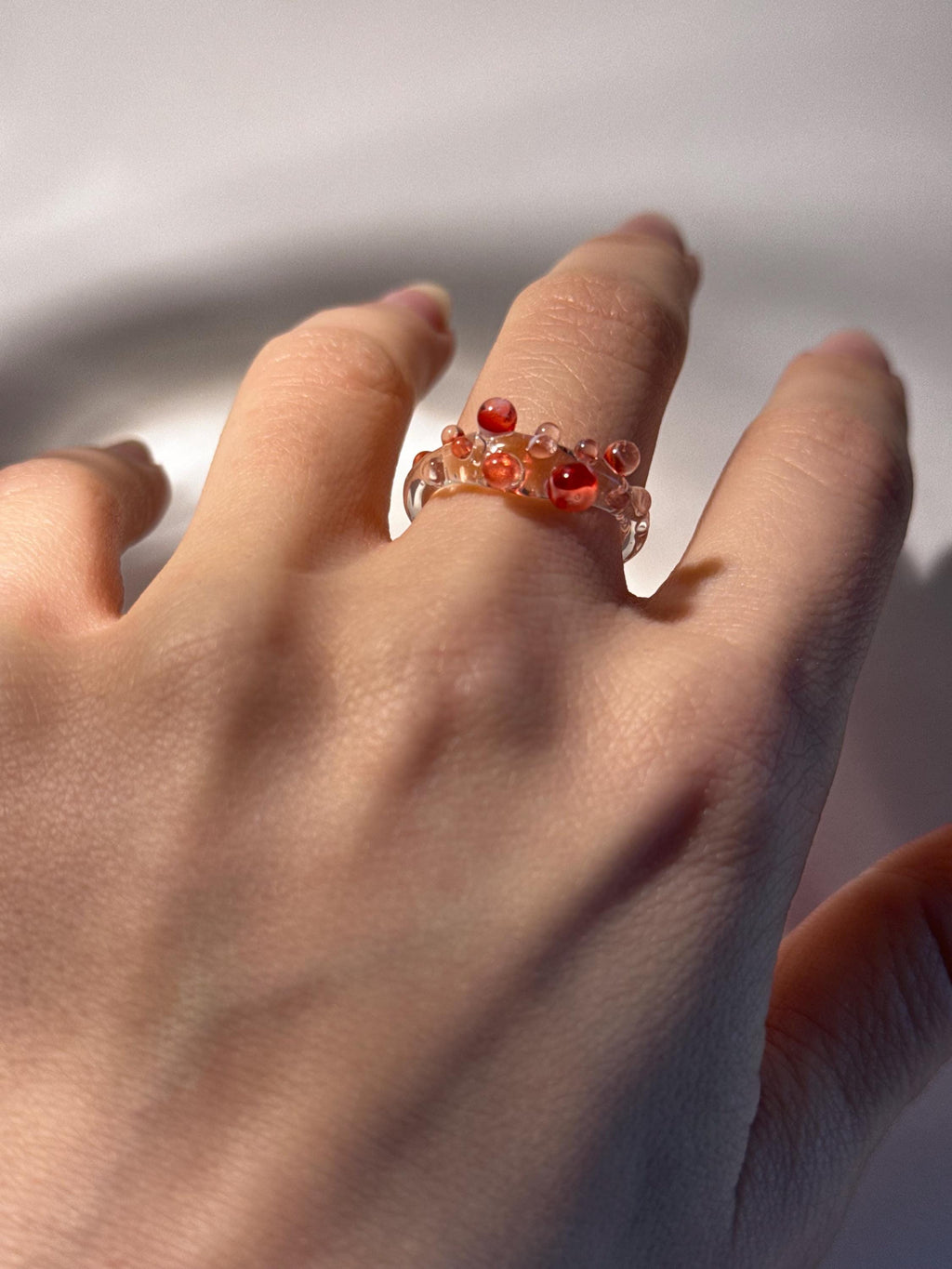 Handmade Red and White Dotted Borosilicate Glass Ring
