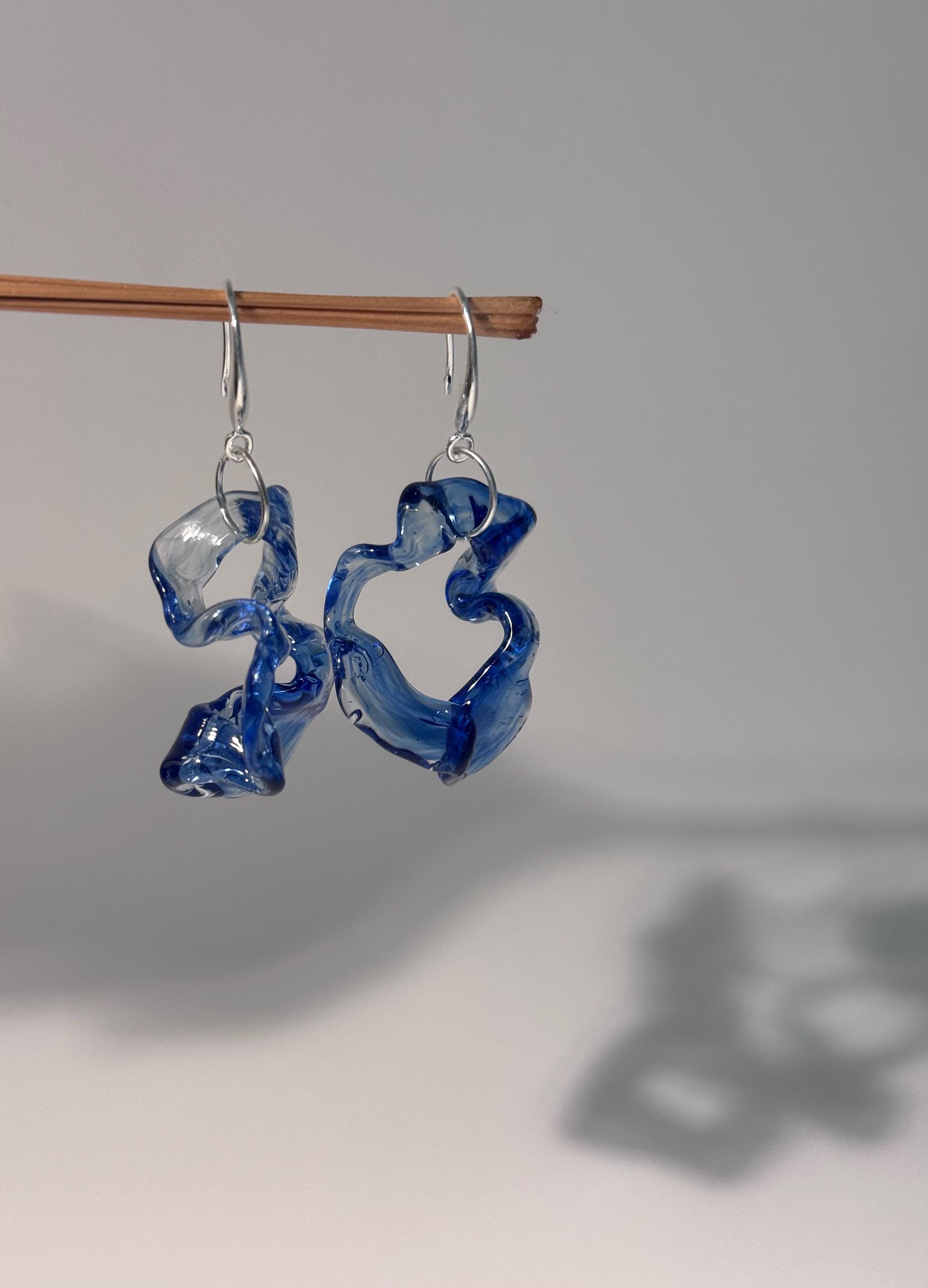 Blue Glass Hoop Earrings: Handmade Borosilicate Sterling Silver Hooks