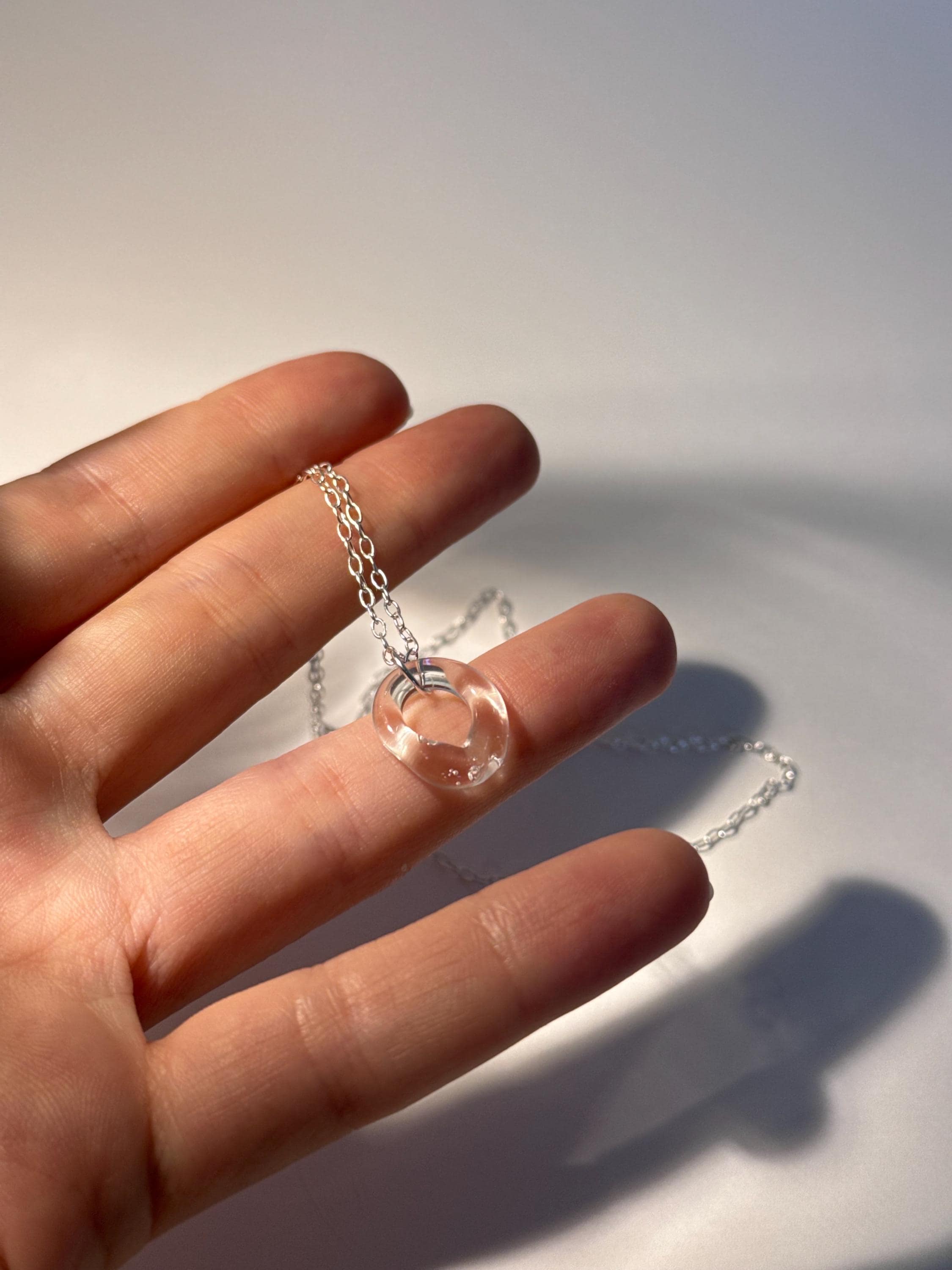 Borosilicate Glass Circle Pendant: Sterling Silver Chain, Minimalist Charm