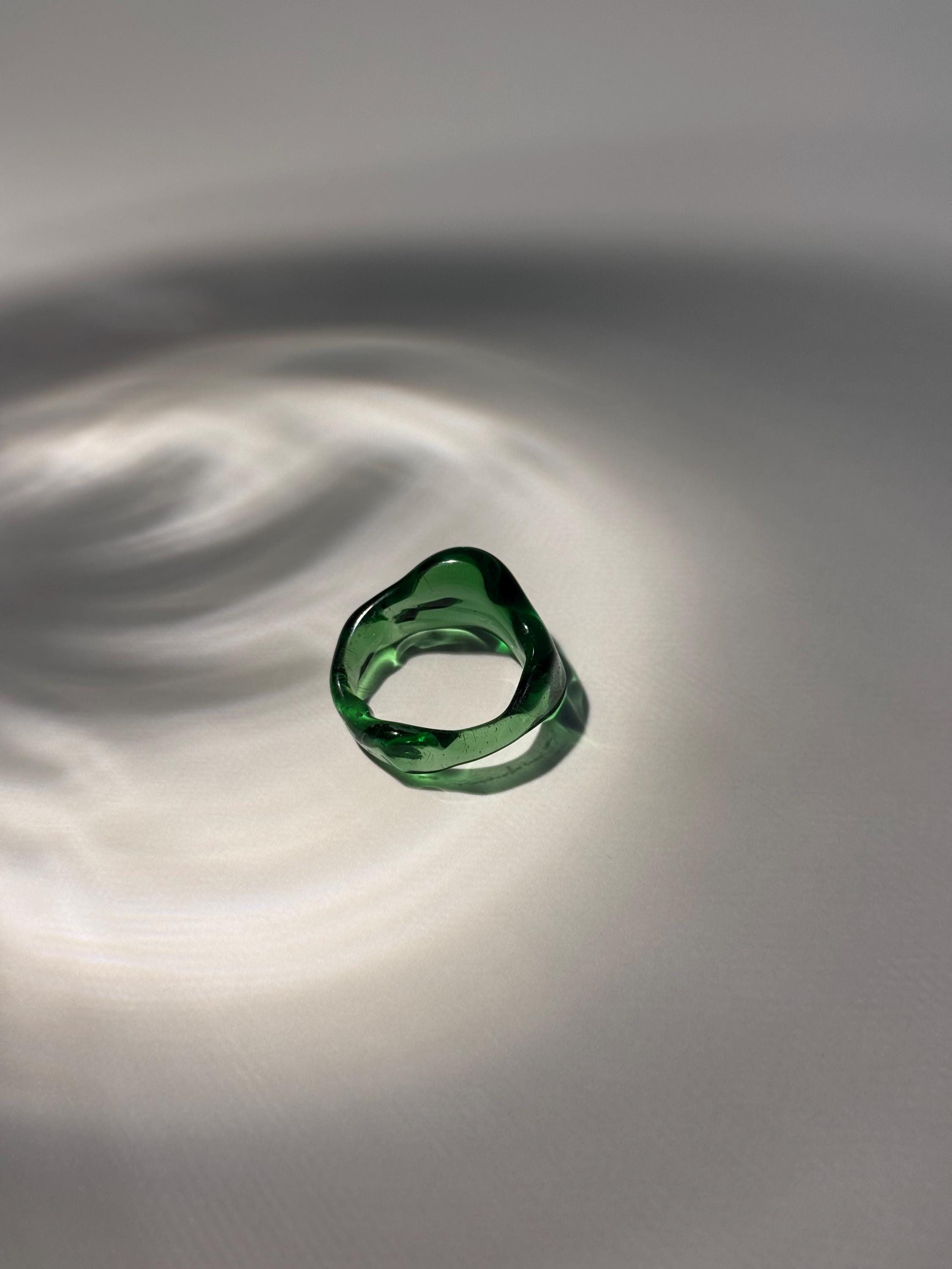 Chunky Forest Green Borosilicate Glass Ring: Handmade Minimalist Jewelry