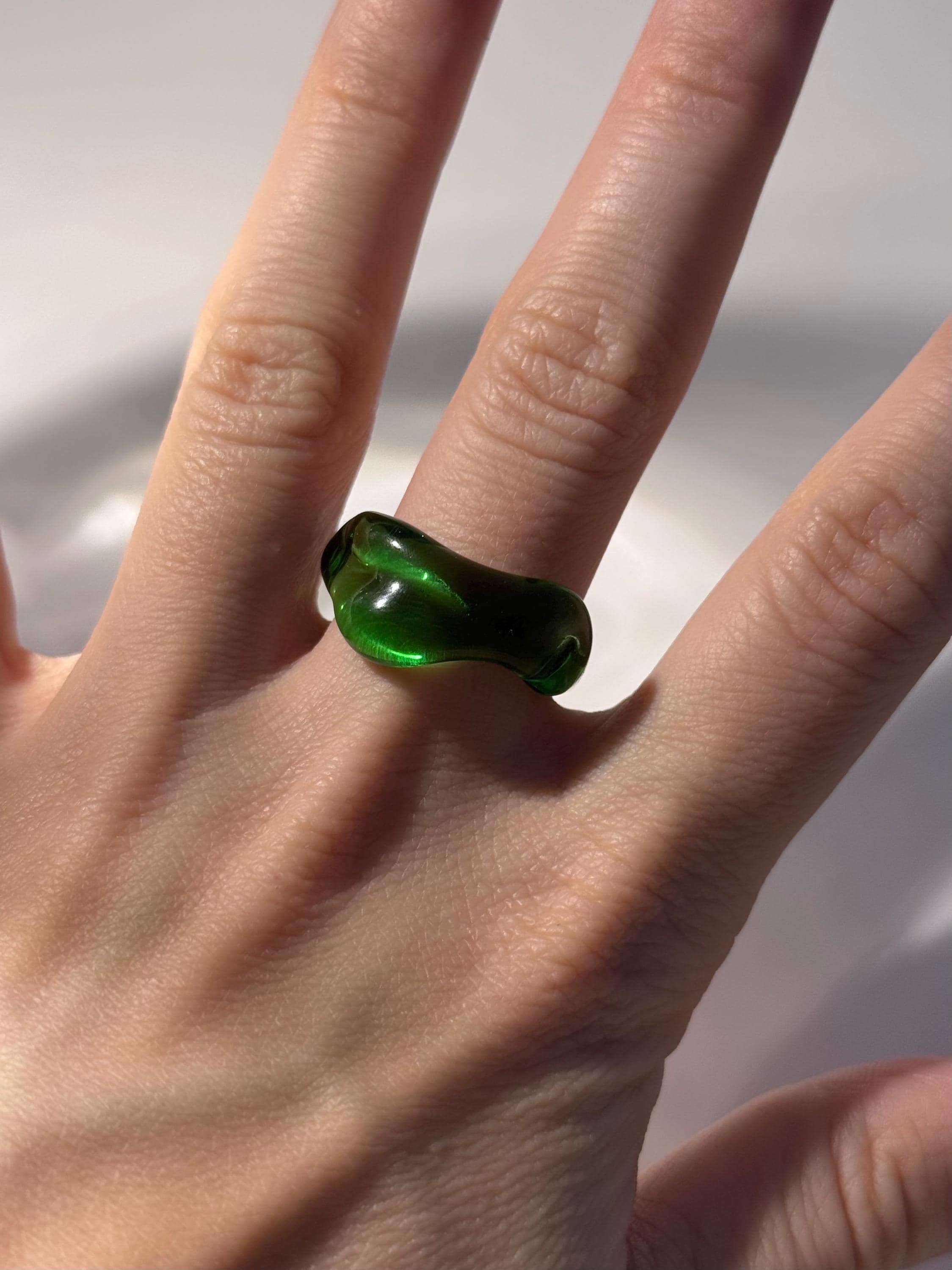 Chunky Forest Green Borosilicate Glass Ring: Handmade Minimalist Jewelry