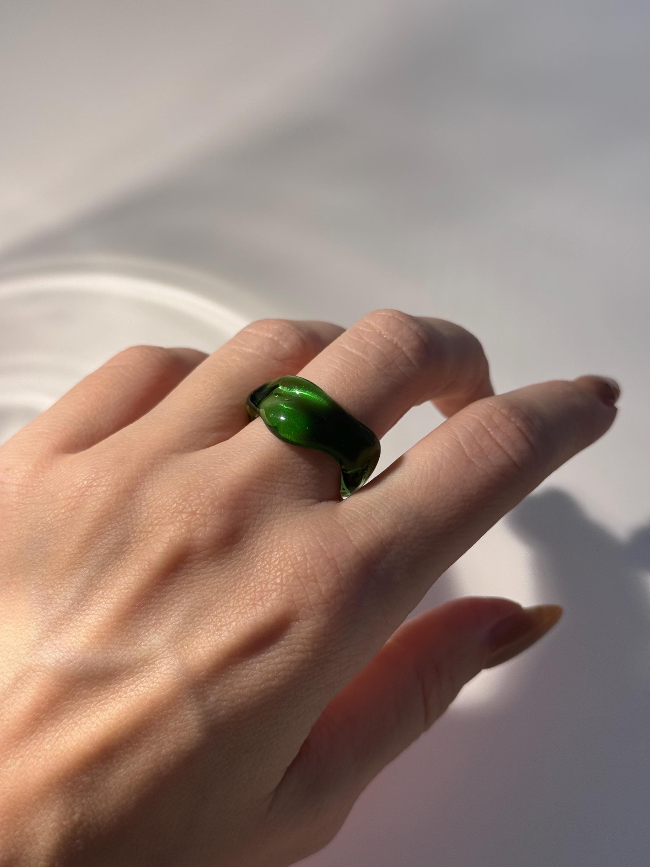 Chunky Forest Green Borosilicate Glass Ring: Handmade Minimalist Jewelry