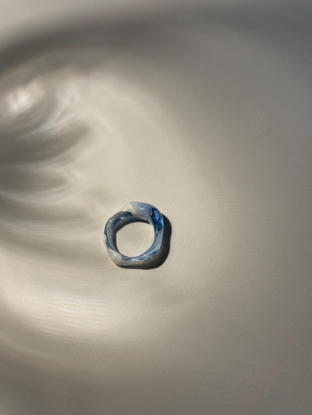 Aqua Swirl Glass Ring: Handmade unique blue and white Borosilicate Glass Jewellery