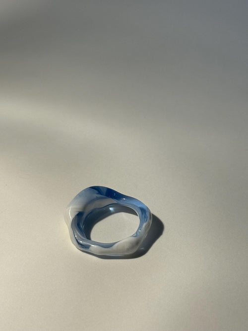 Aqua Swirl Glass Ring: Handmade unique blue and white Borosilicate Glass Jewellery