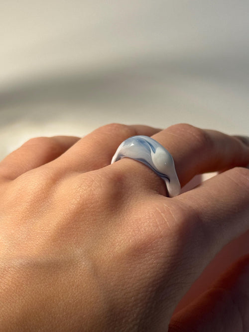 Aqua Swirl Glass Ring: Handmade unique blue and white Borosilicate Glass Jewellery