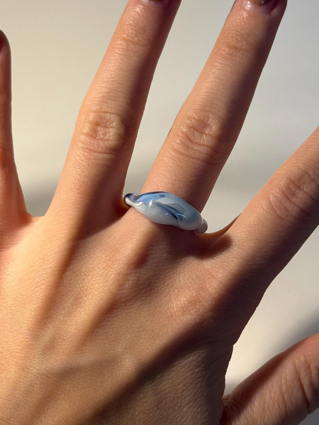 Aqua Swirl Glass Ring: Handmade unique blue and white Borosilicate Glass Jewellery
