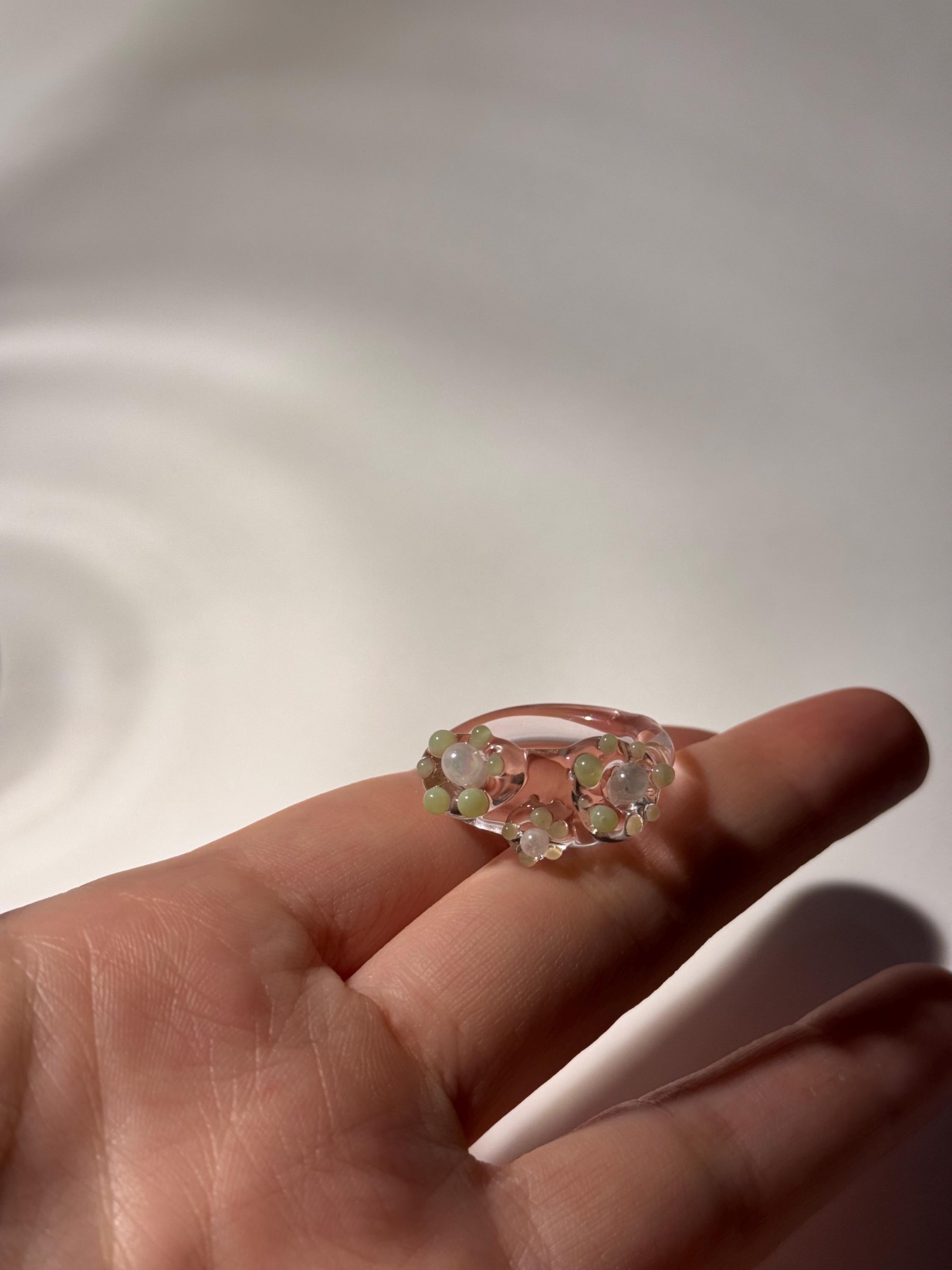Handmade Pearlescent White, Rose & Green Coral Reef Glass Ring