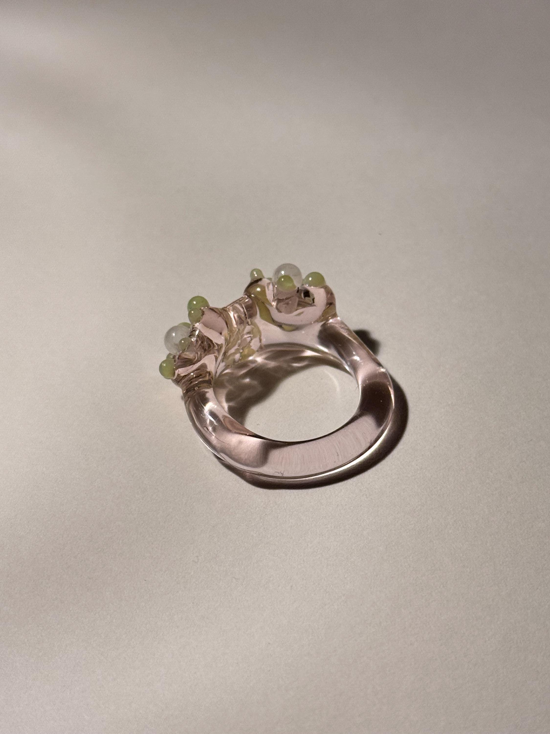 Handmade Pearlescent White, Rose & Green Coral Reef Glass Ring