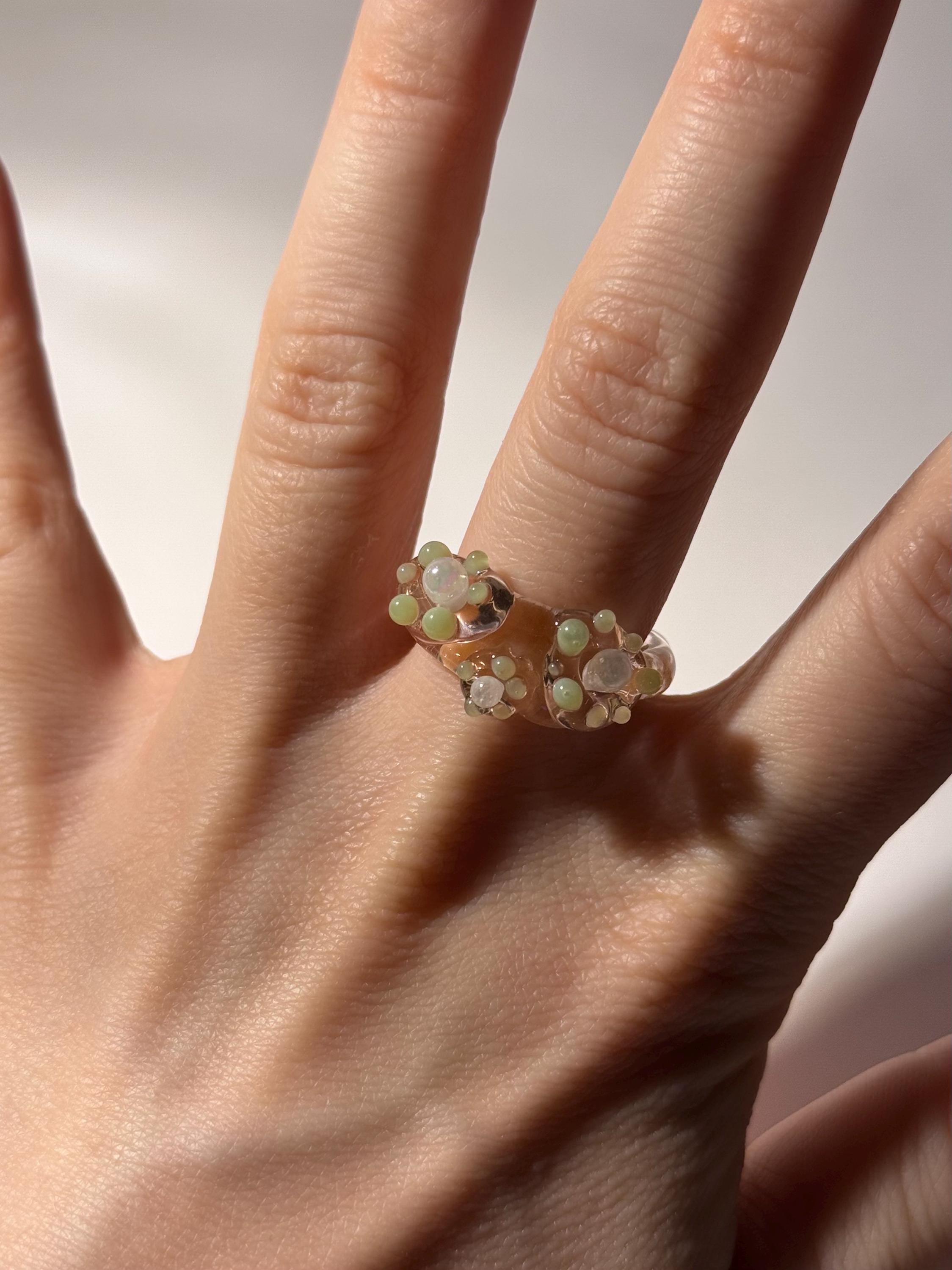 Handmade Pearlescent White, Rose & Green Coral Reef Glass Ring