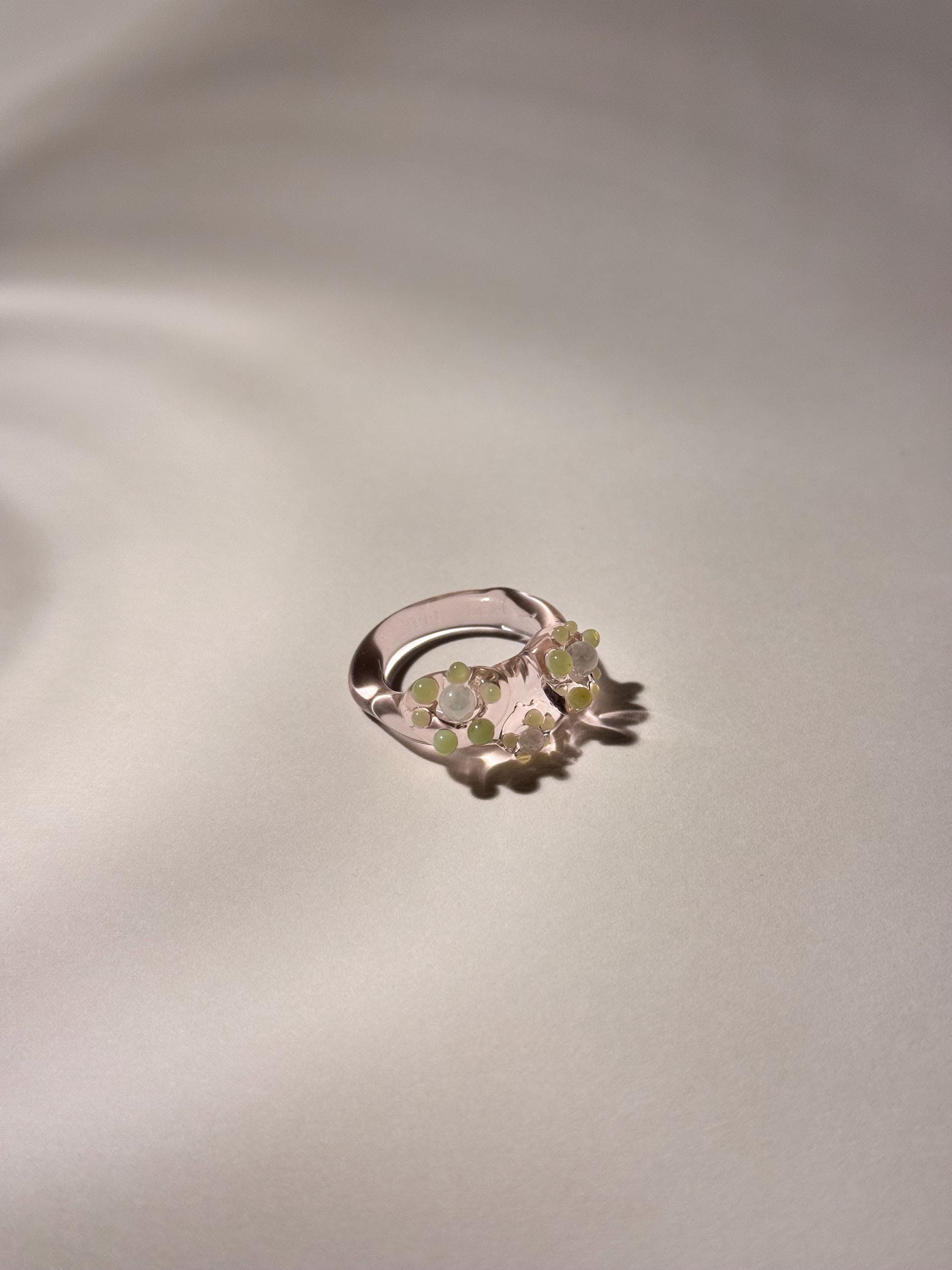 Handmade Pearlescent White, Rose & Green Coral Reef Glass Ring