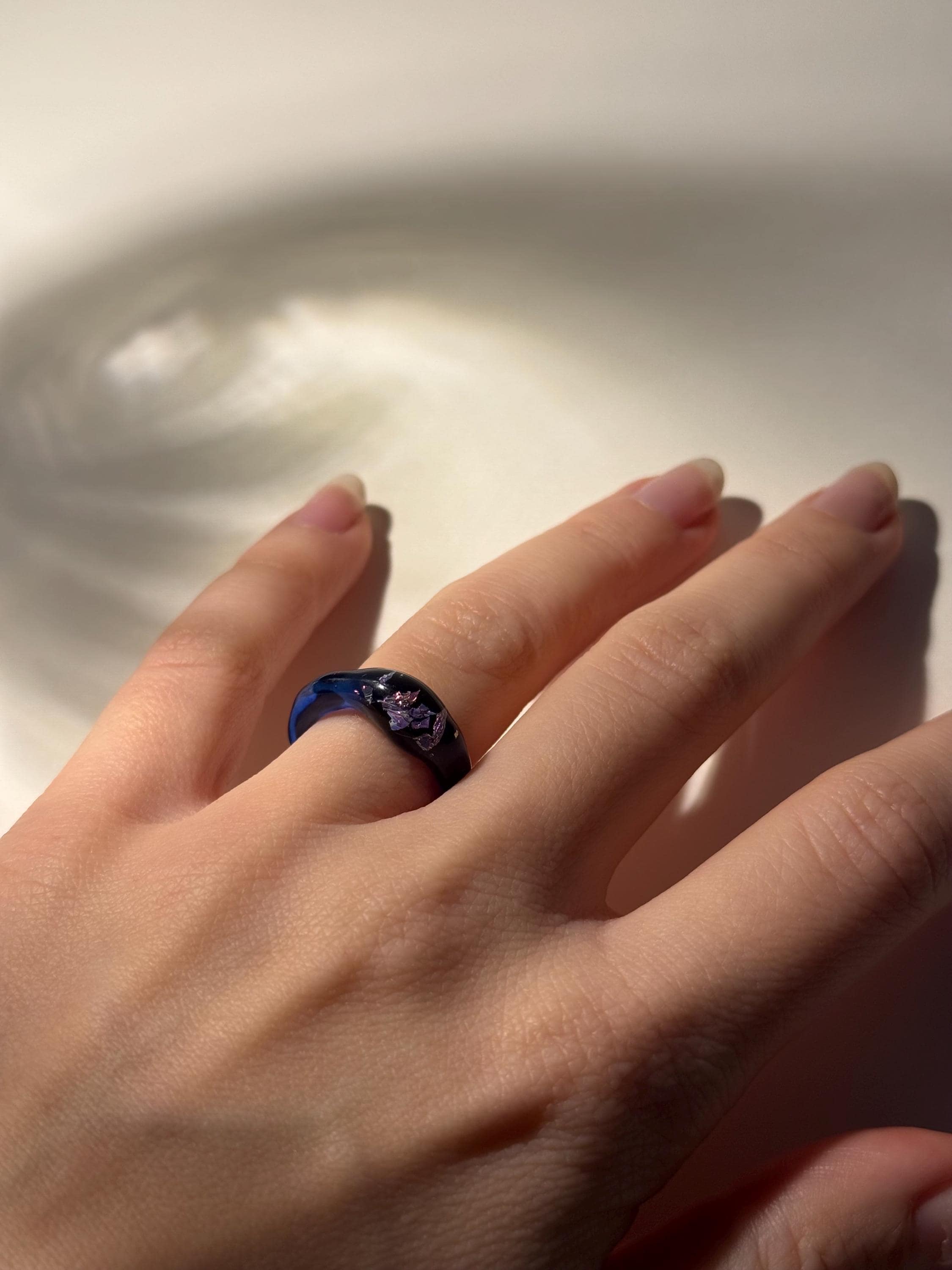 Deep Blue Opal Flakes Glass Ring